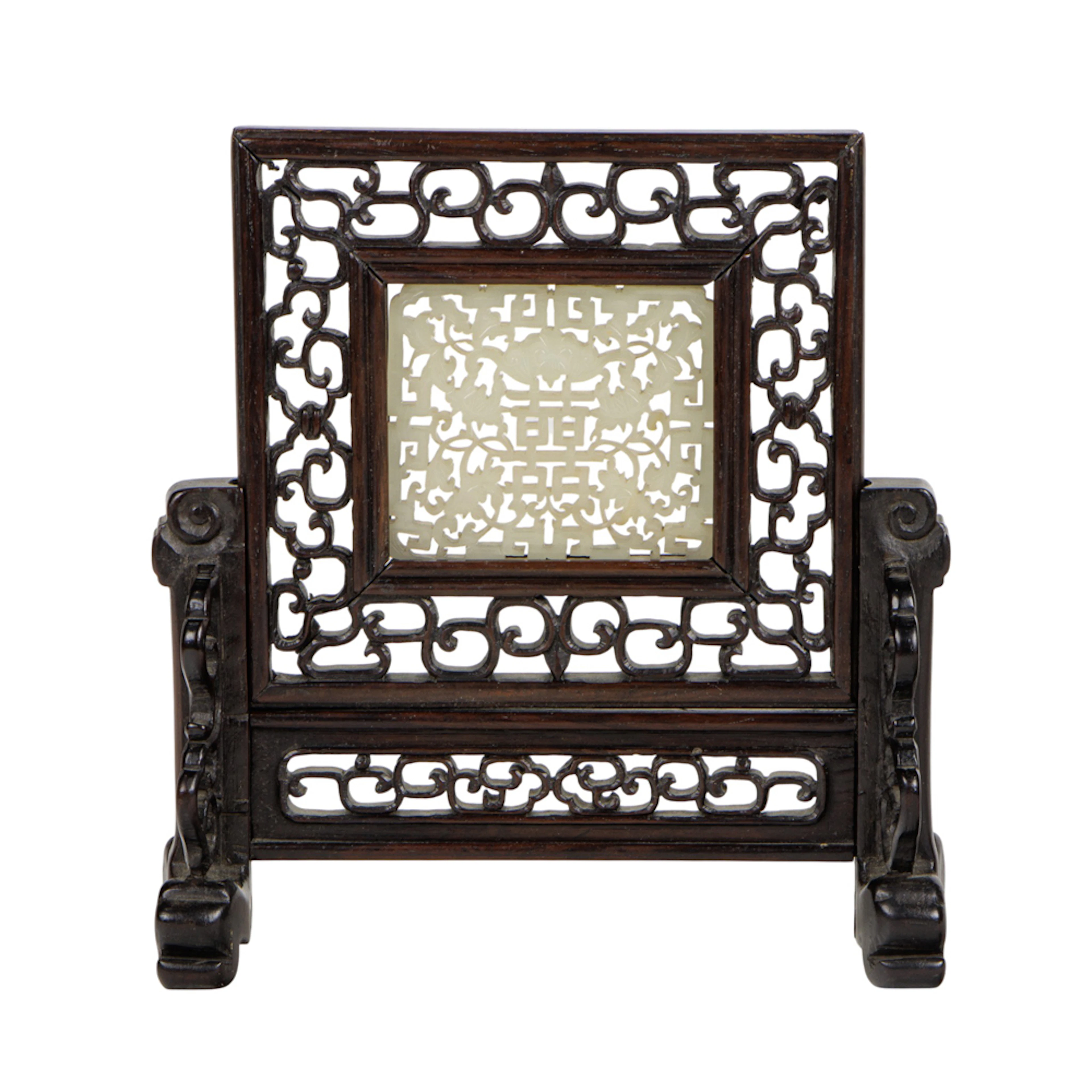 A Chinese white jade 'double happiness' table screen
