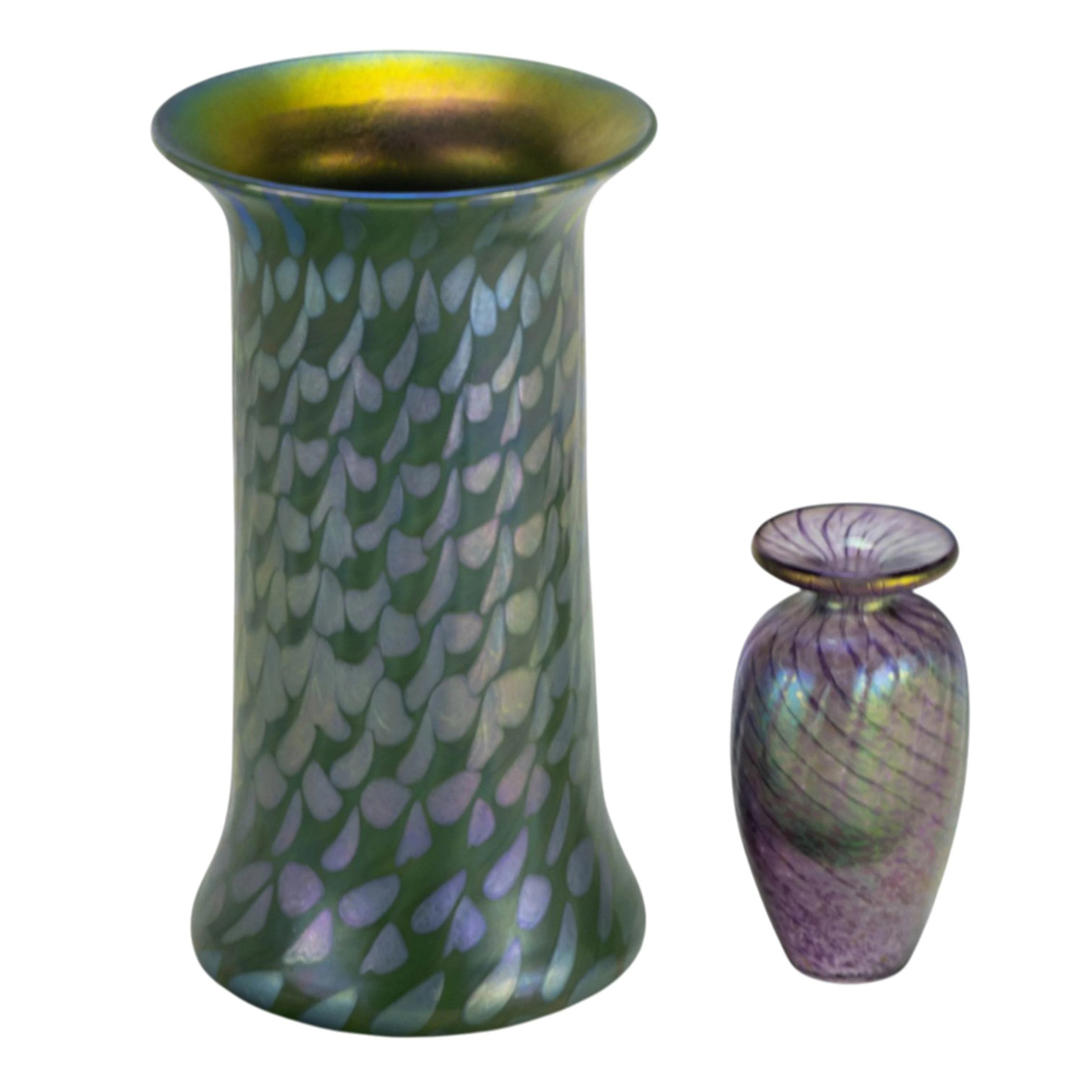 Two Studio iridescent glass vases