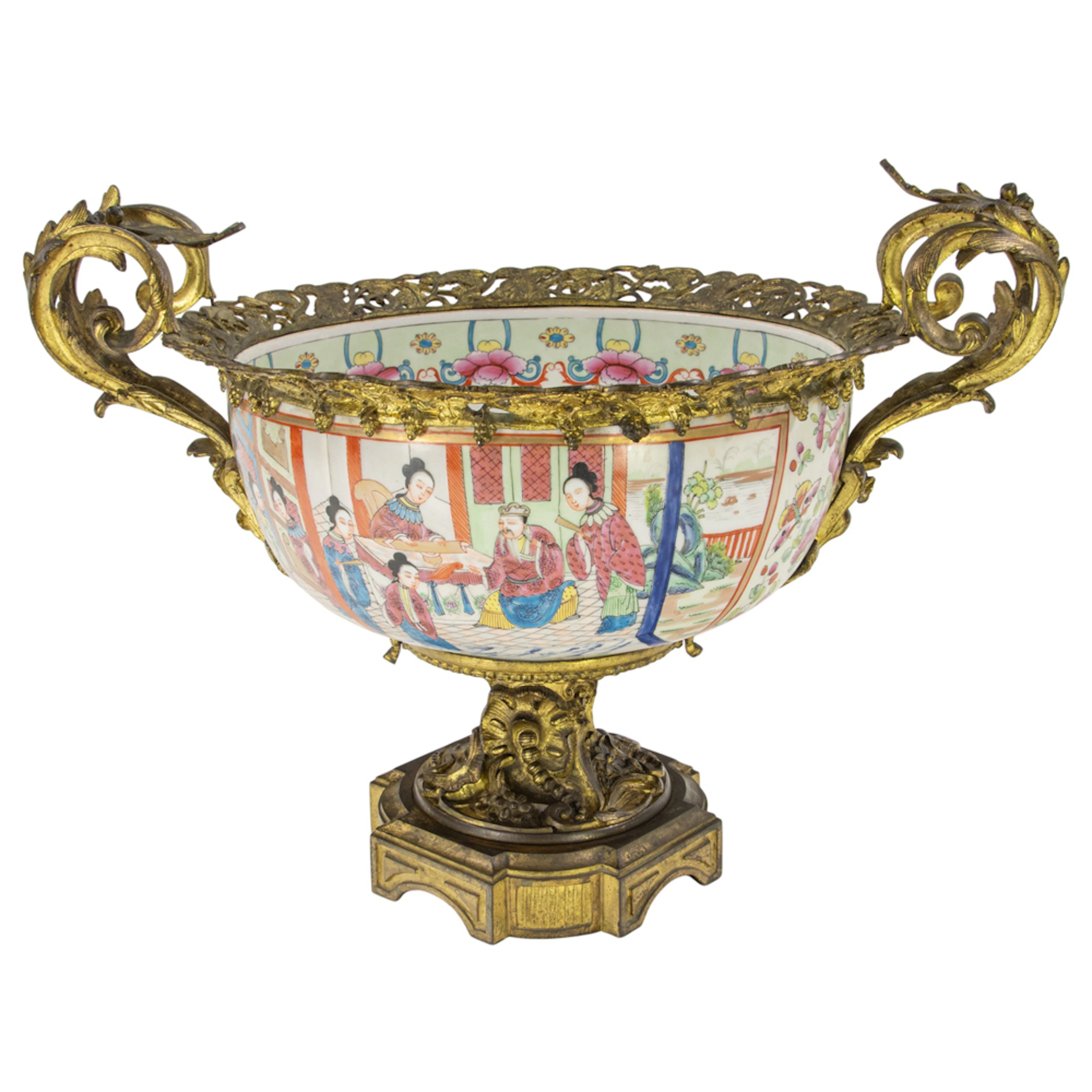A Louis XV style gilt bronze mounted famille rose porcelain pedestal bowl