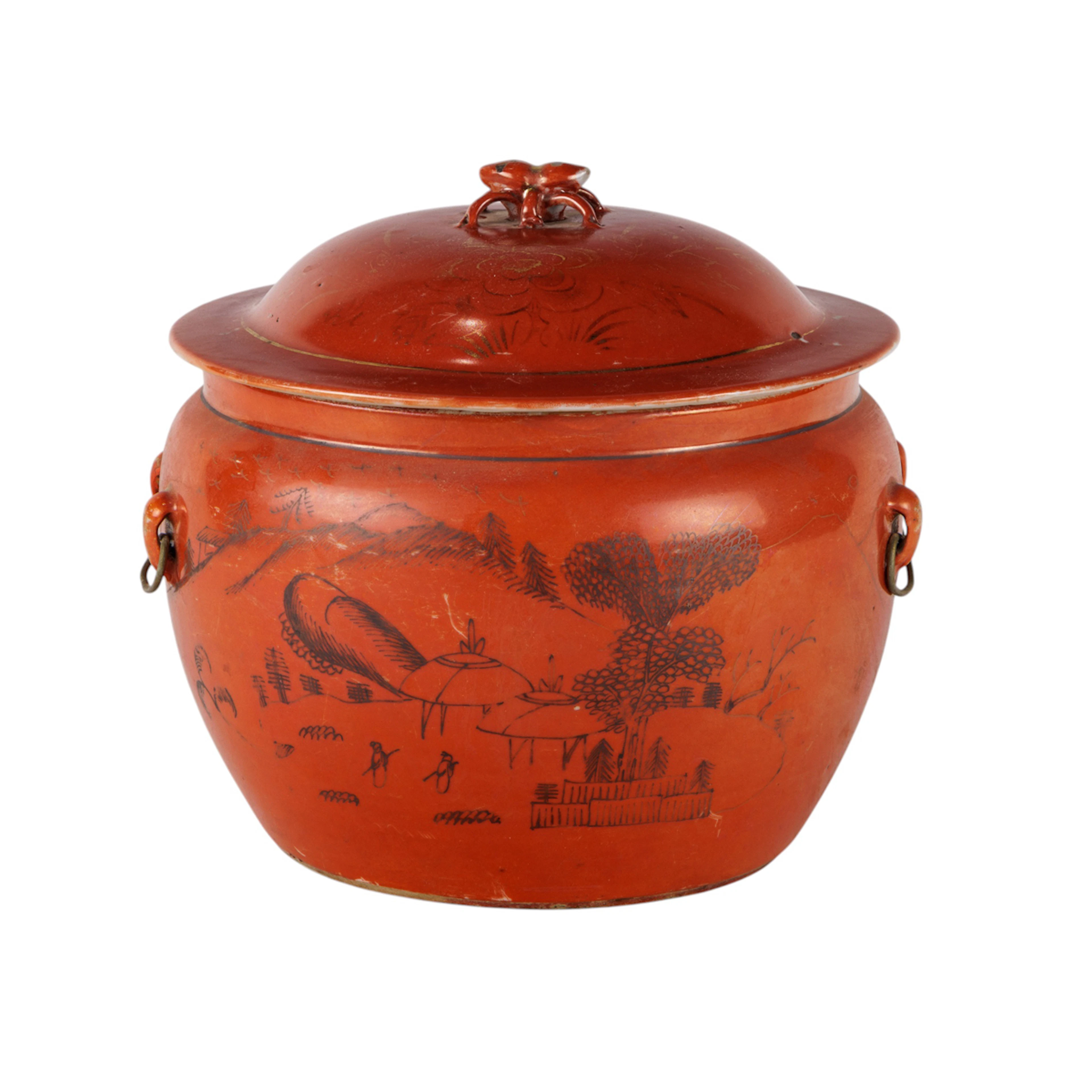 A Chinese gilt decorated coral-red ground lidded container