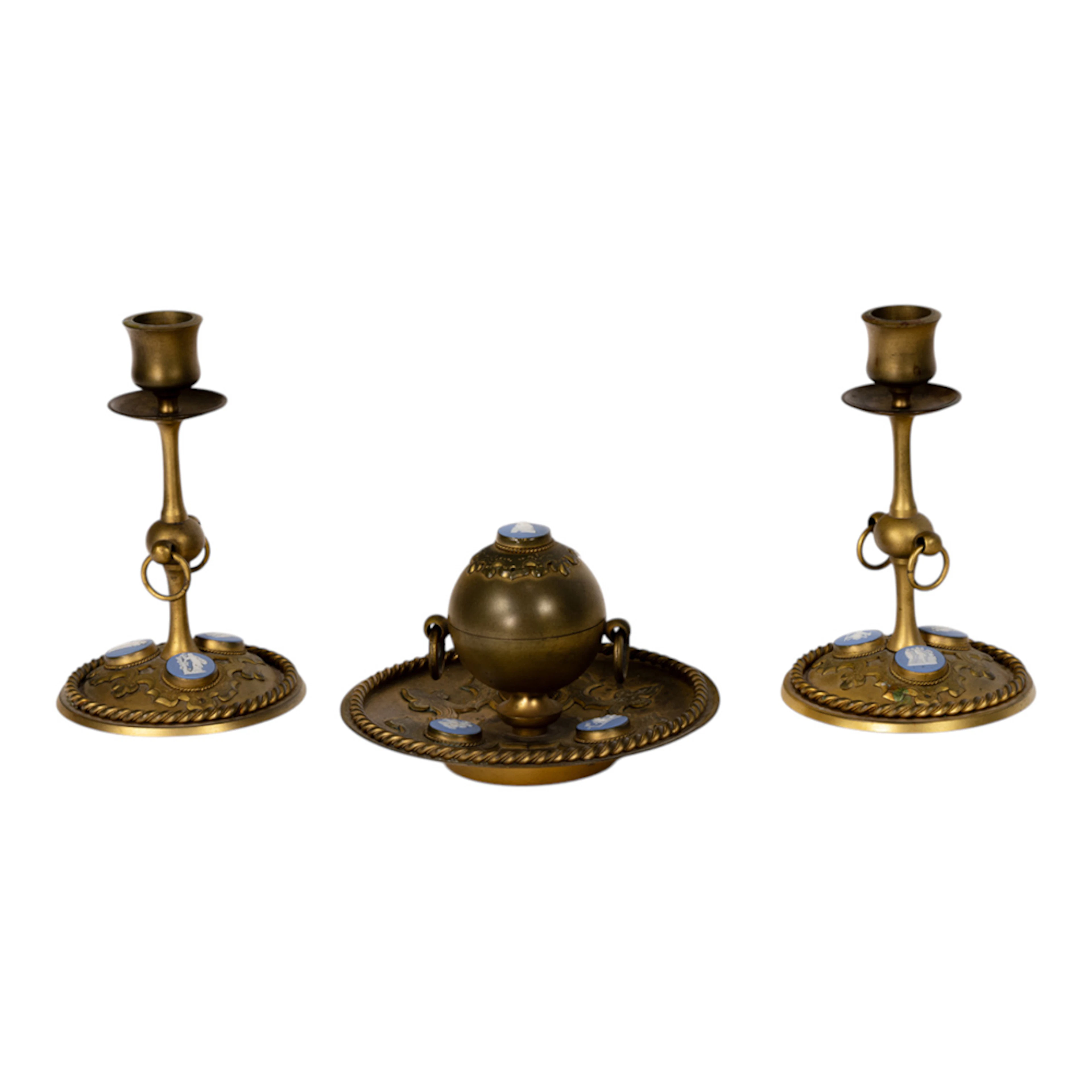 A Wedgwood jasper dip porcelain cameo mounted gilt bronze three-piece desk set
