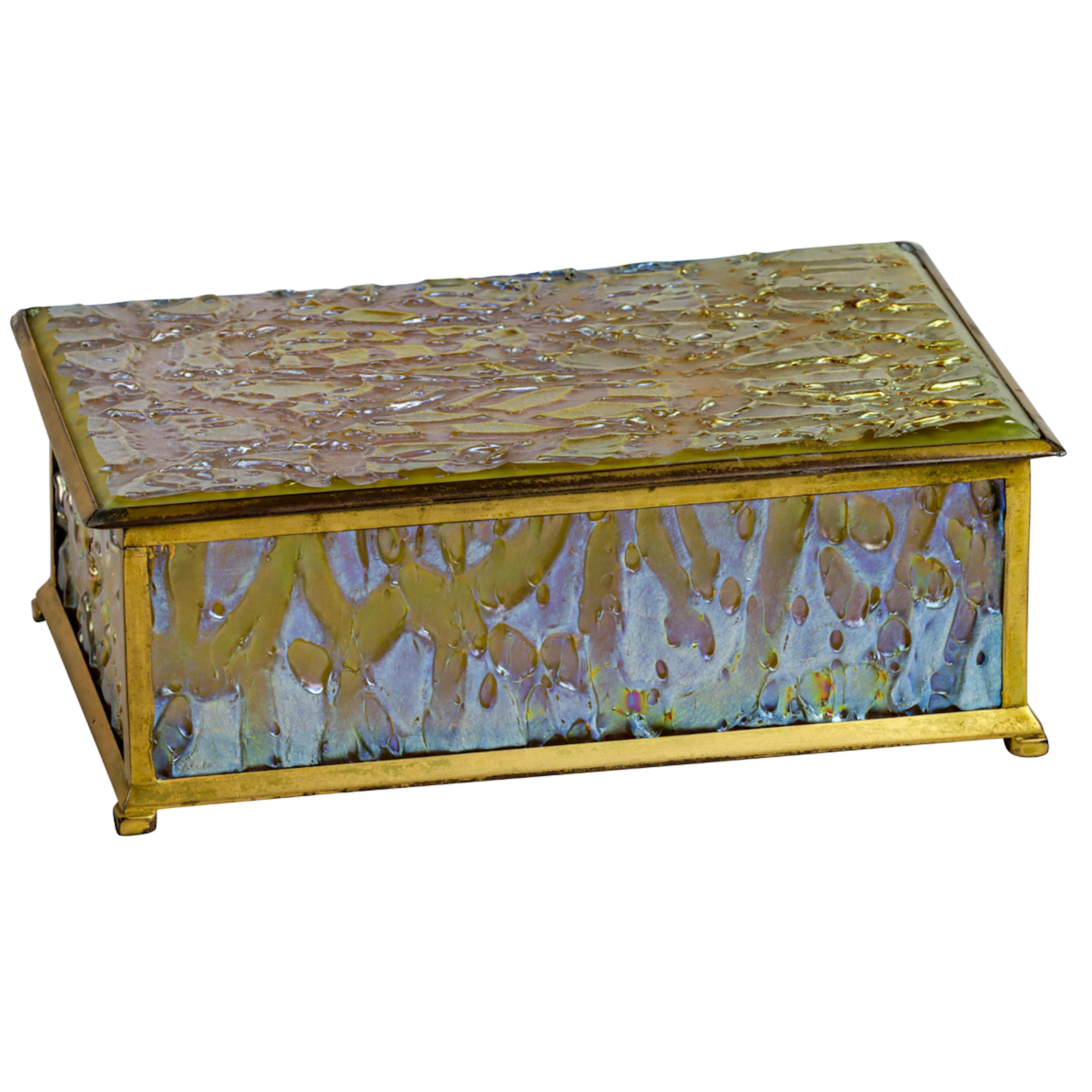 A Tiffany Furnaces Favrile Cypriote glass and gilt bronze box