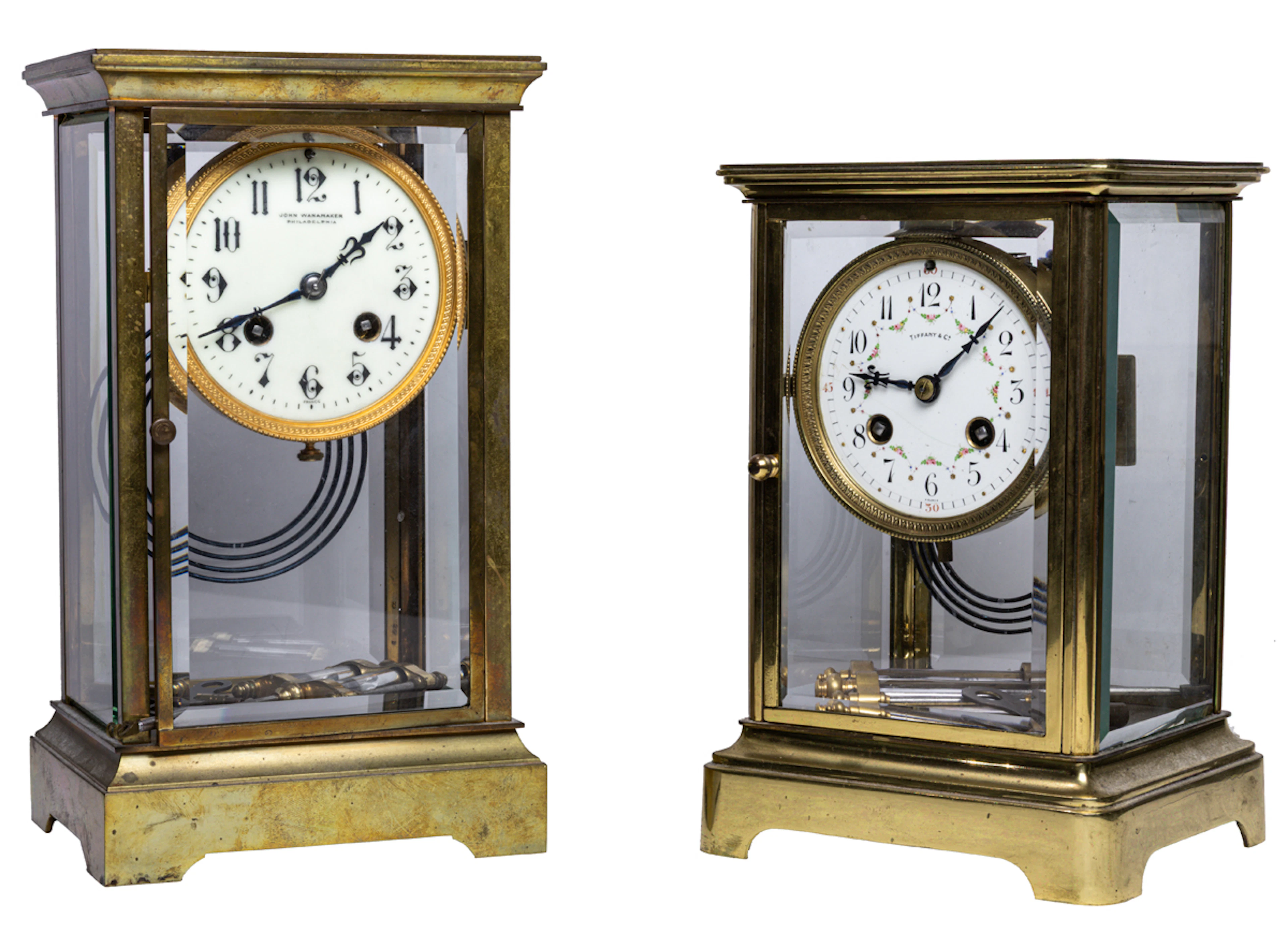 Two French brass and four-glass mantel clocks