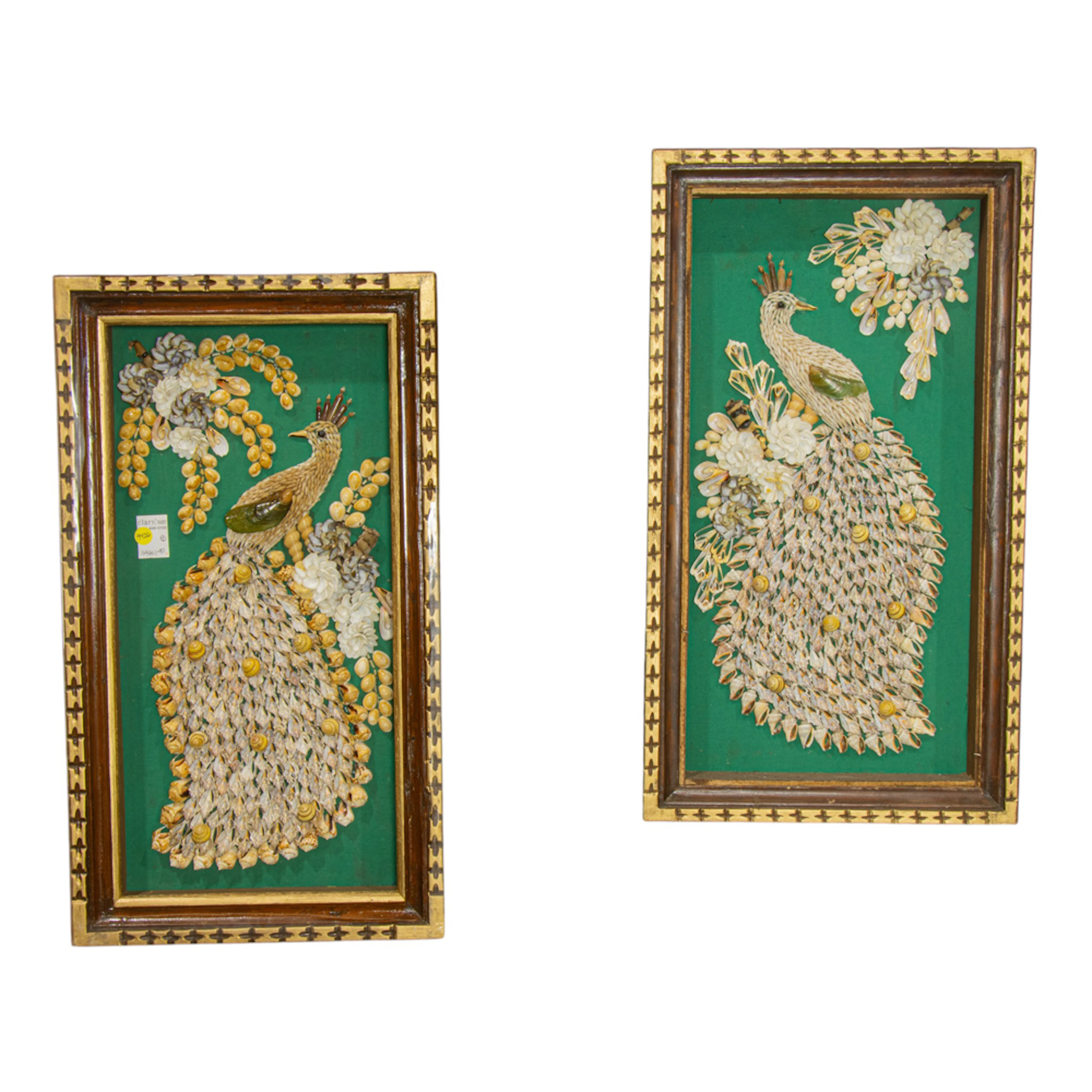 A pair of Mid-Century shell pictures of peacocks