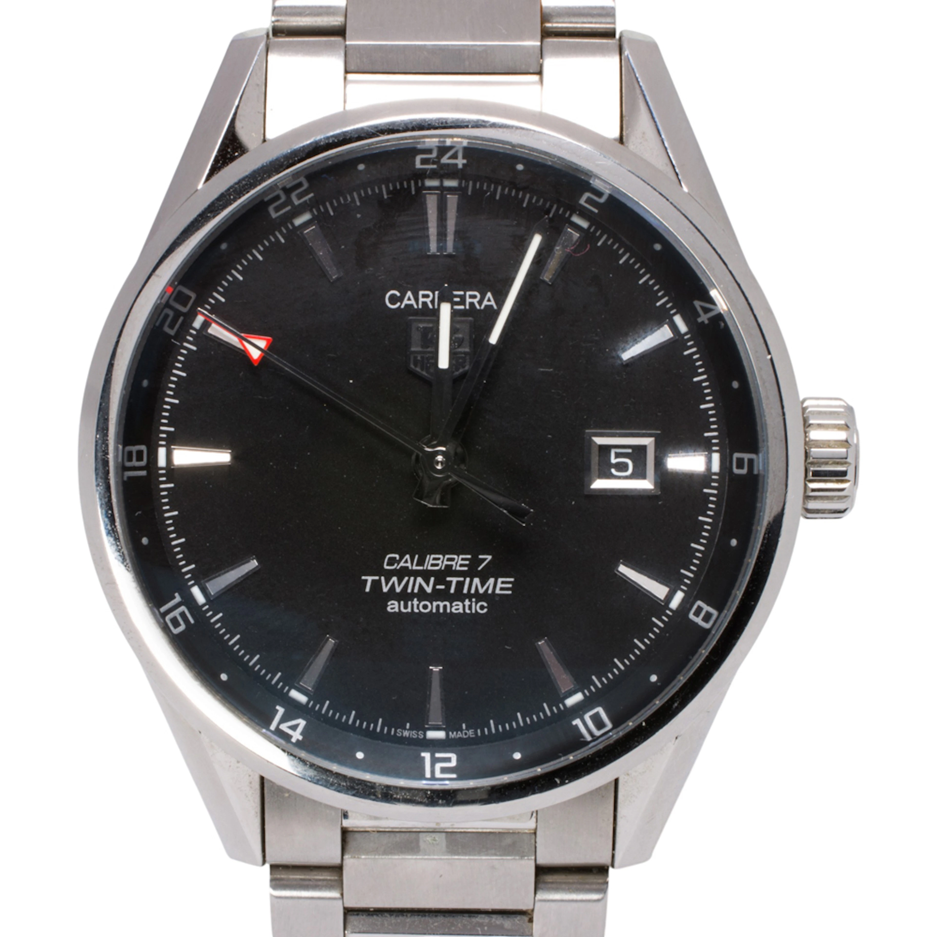 A stainless steel Tag Heuer Carrera Calibre 7 Twin-Time watch