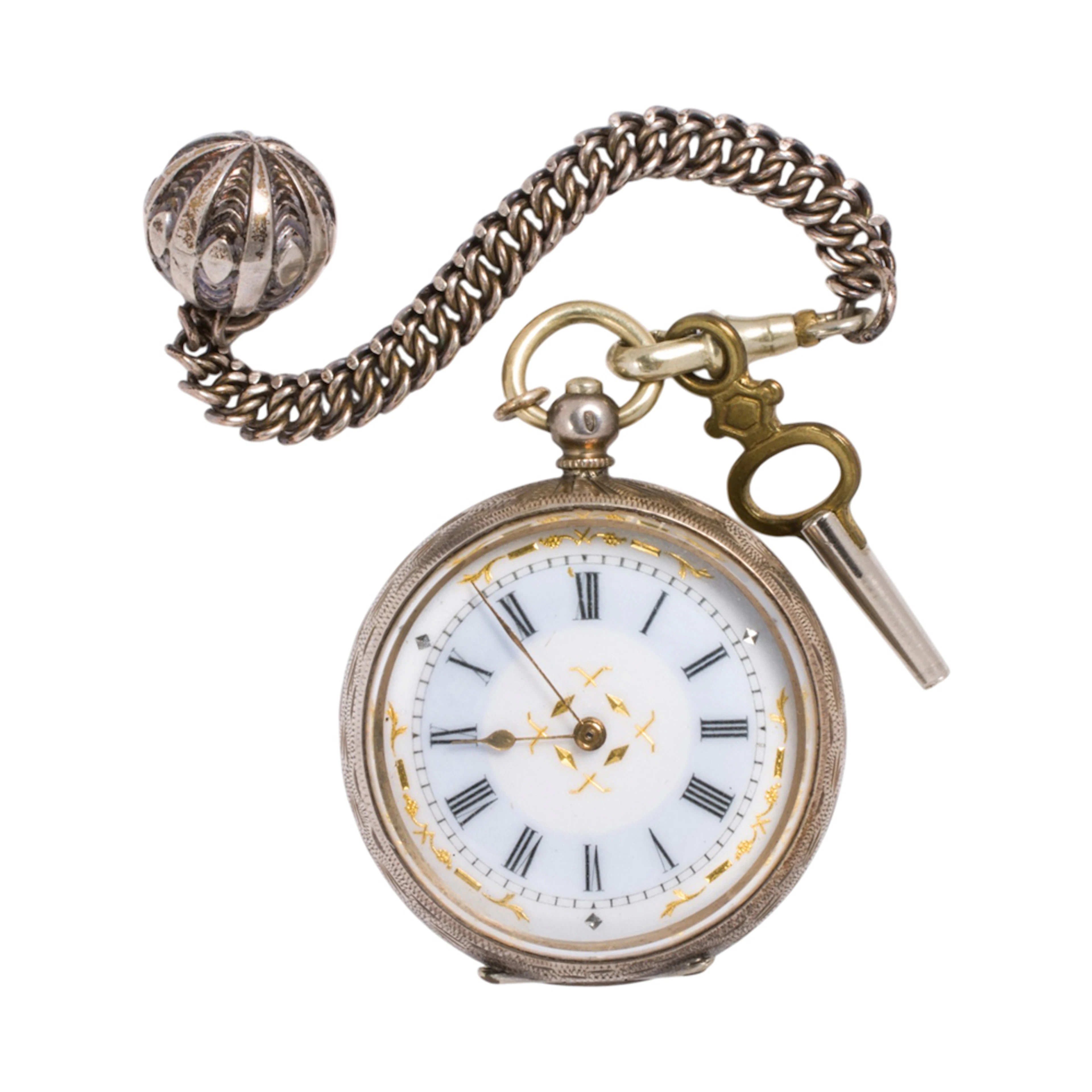 An antique 935 silver pocket watch, display case, and key
