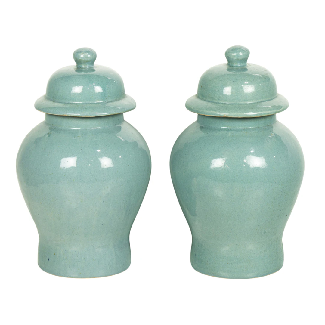 A pair of Chinese sky-blue glazed covered jars