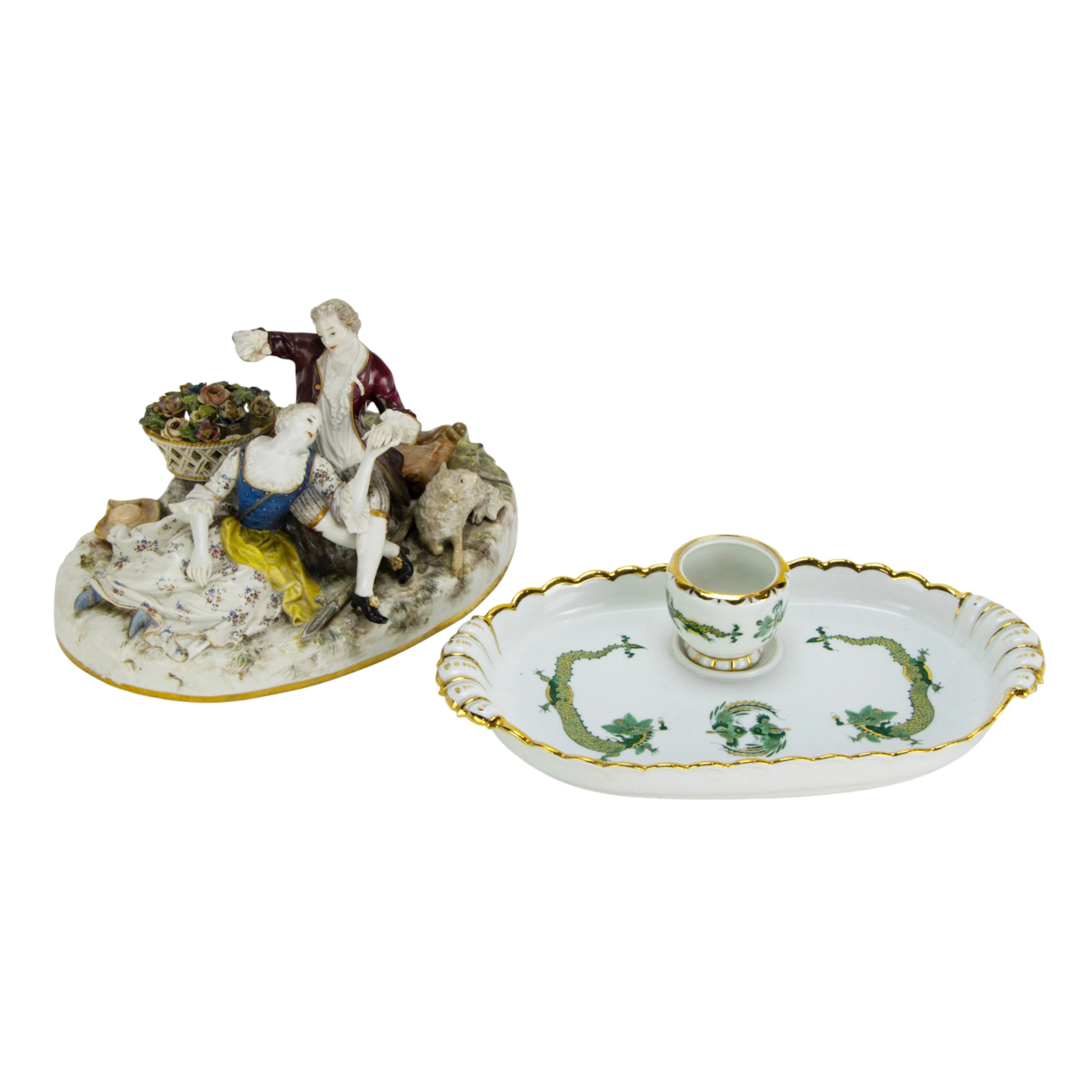A Meissen porcelain figural group and dish