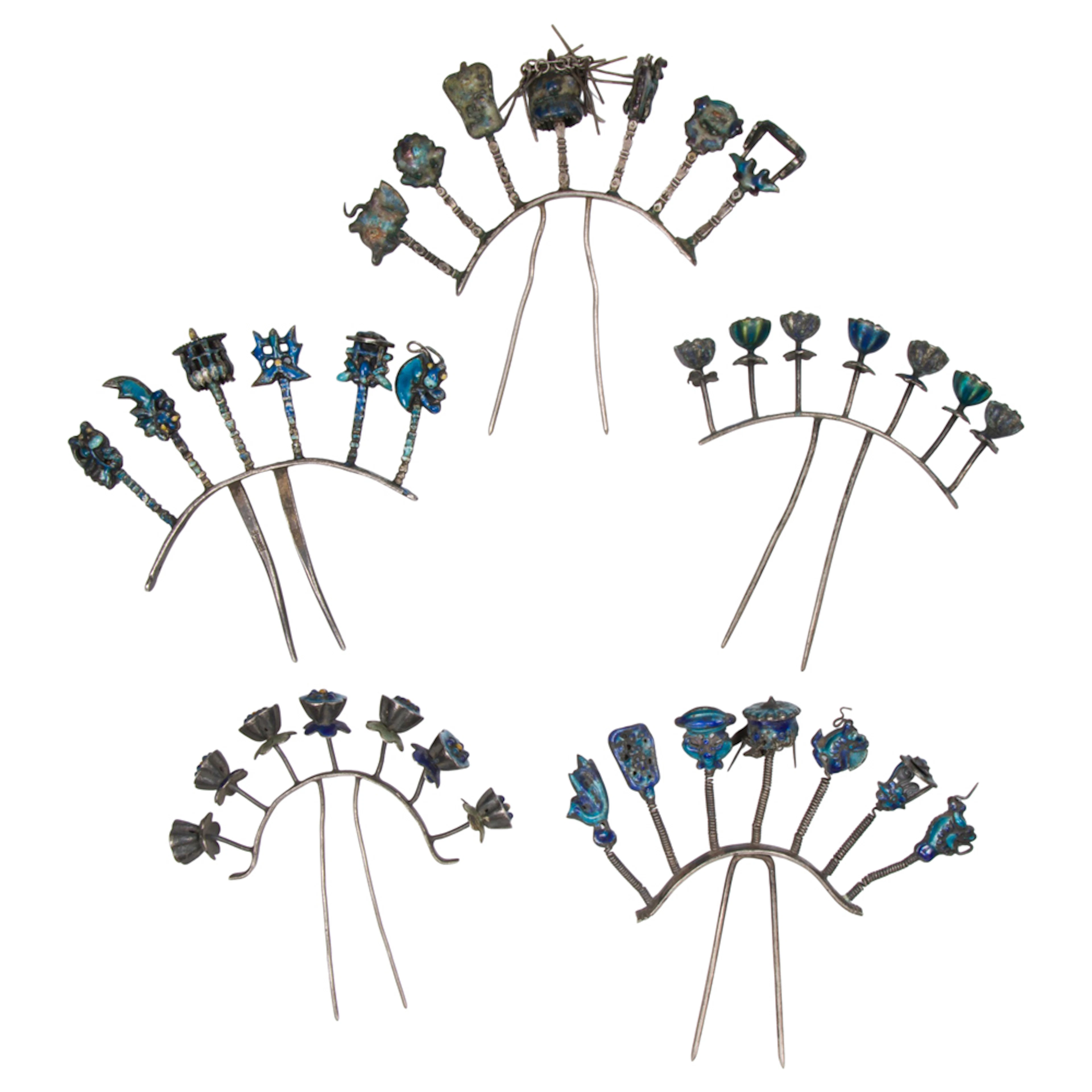 (lot of 5) Chinese silver enameled hairpins