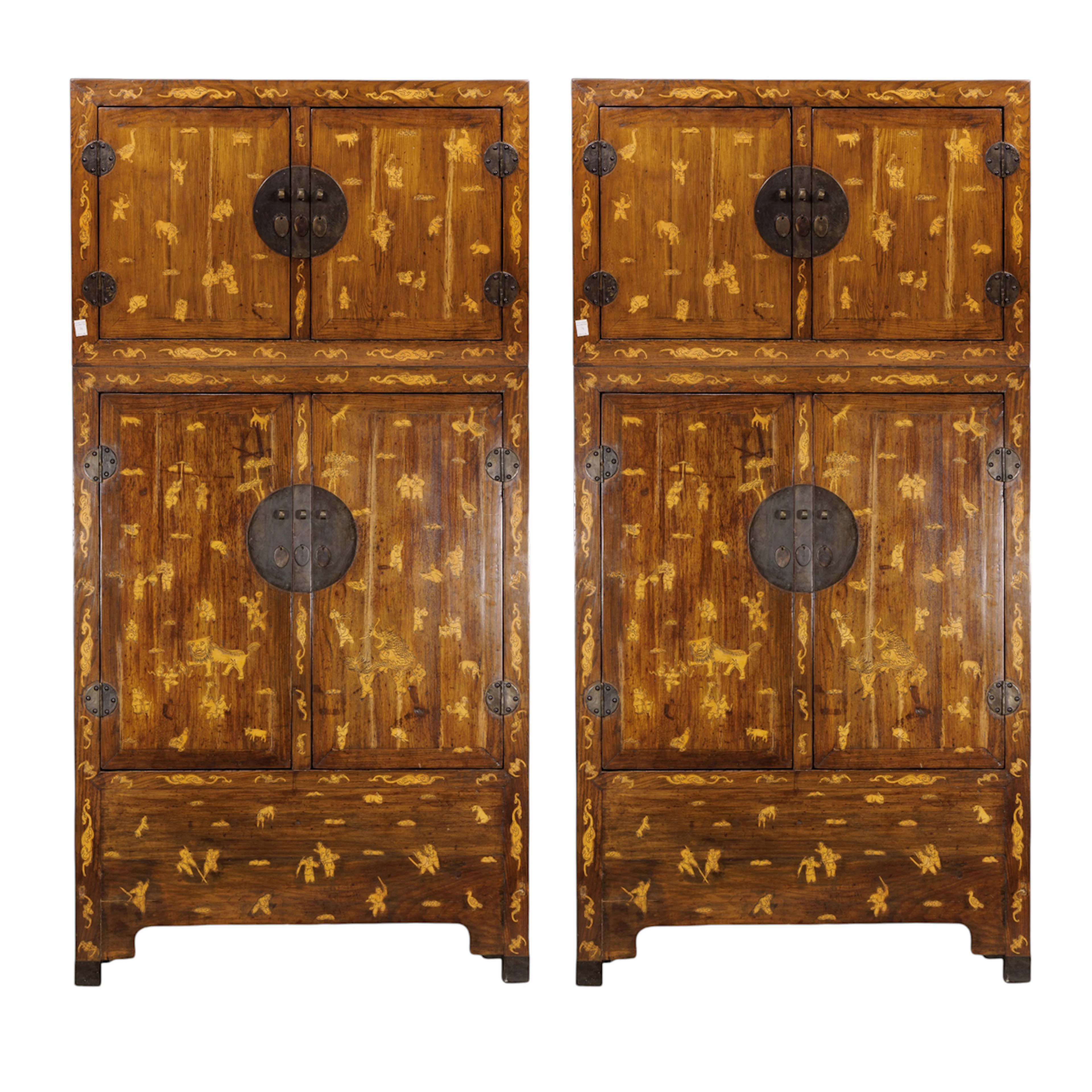 A pair of Chinese elm compound cabinets with inlaid decoration