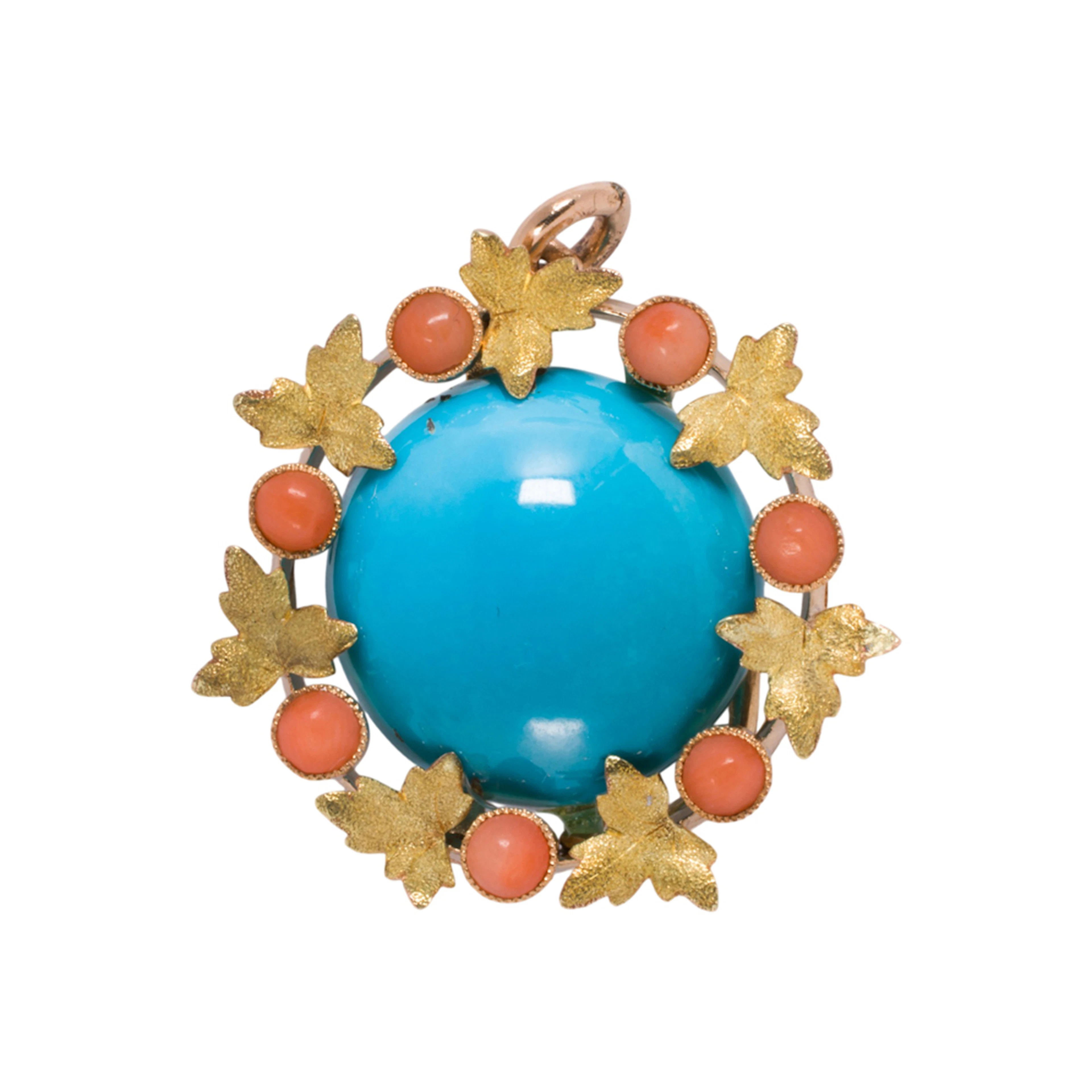 A turquoise, coral and 14k gold brooch