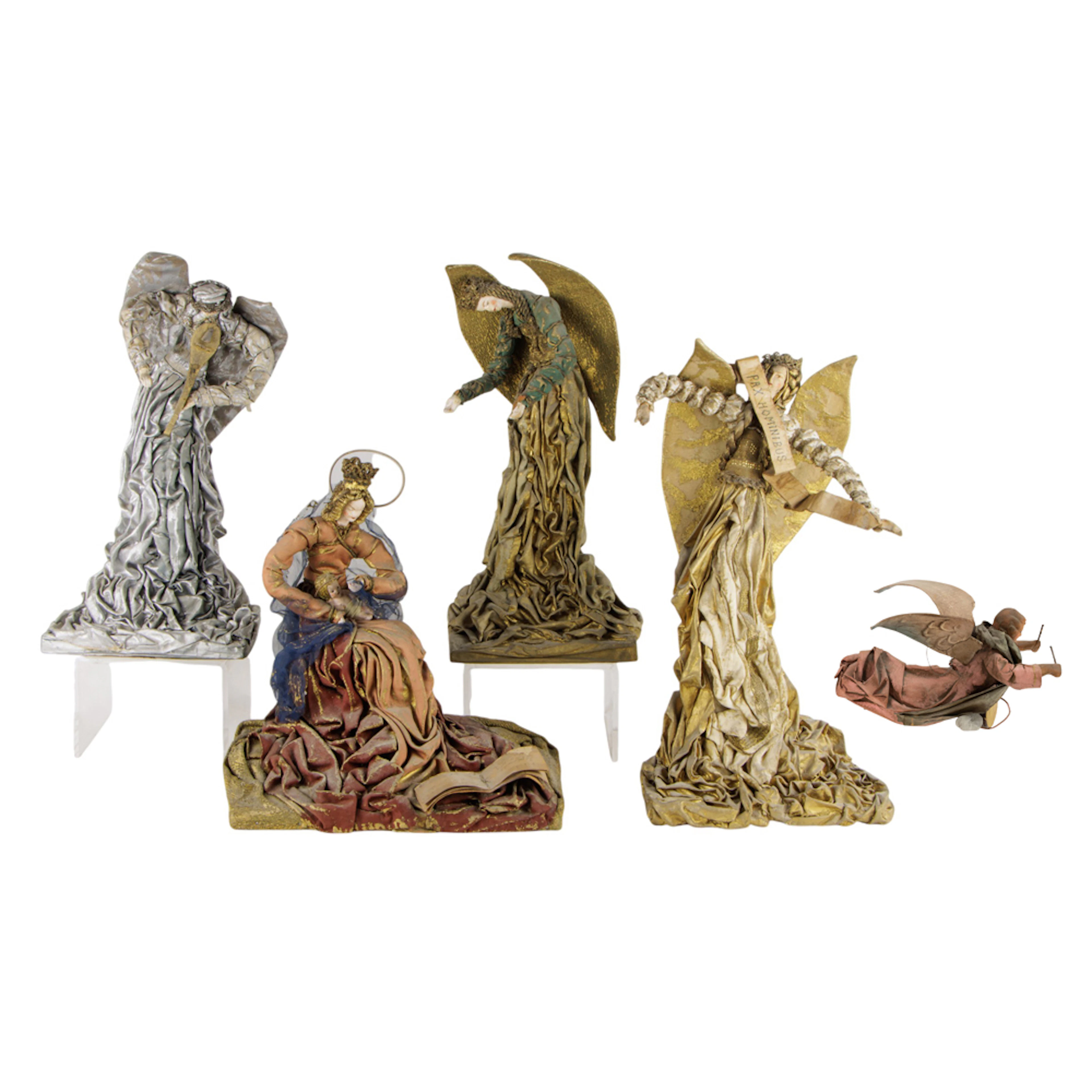 A set of five German papier-mache and fabric creche figures