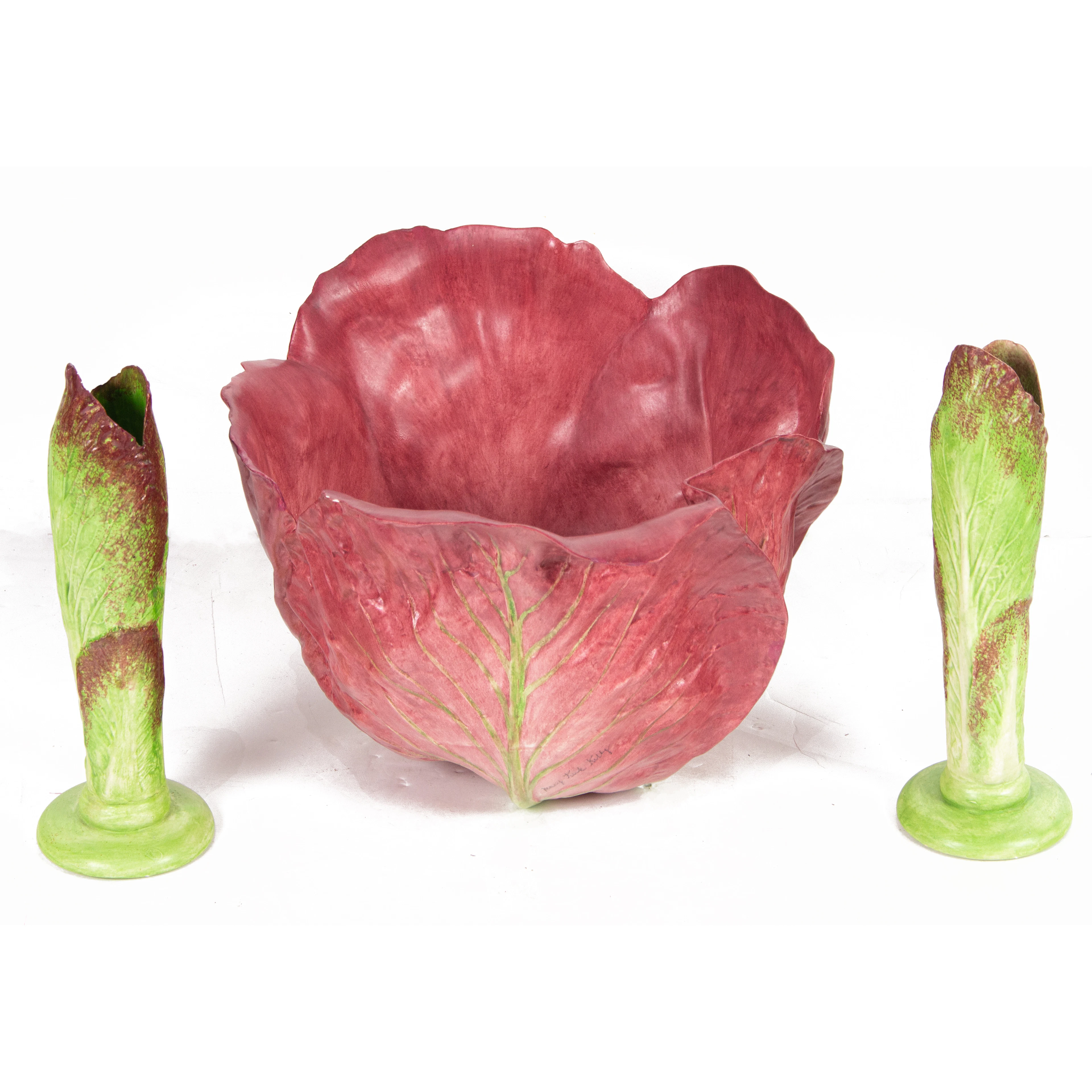A Mary Kirk Kelly porcelain cabbage form serving bowl and pair of bud vases