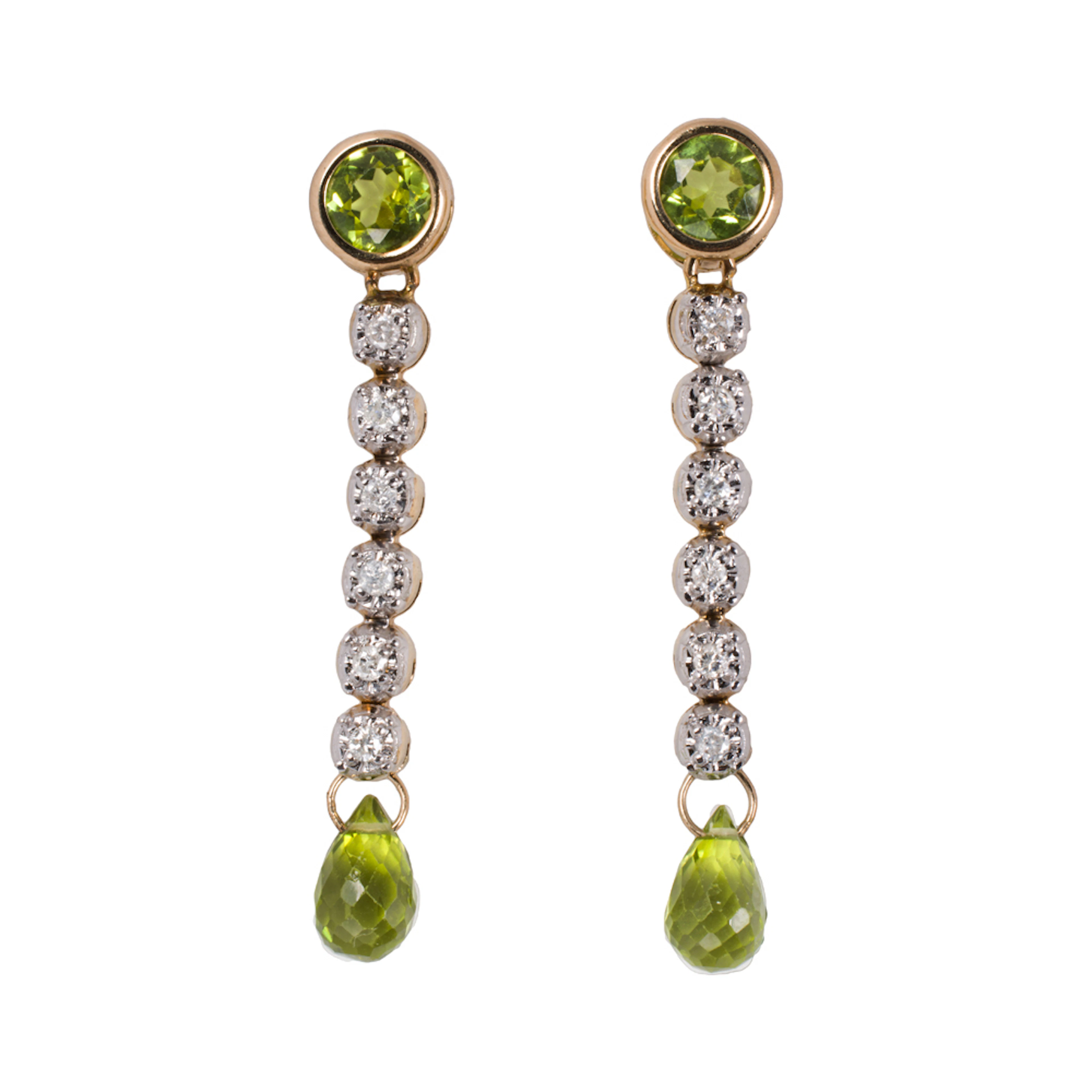 A diamond, peridot, and 14k gold pair of earrings