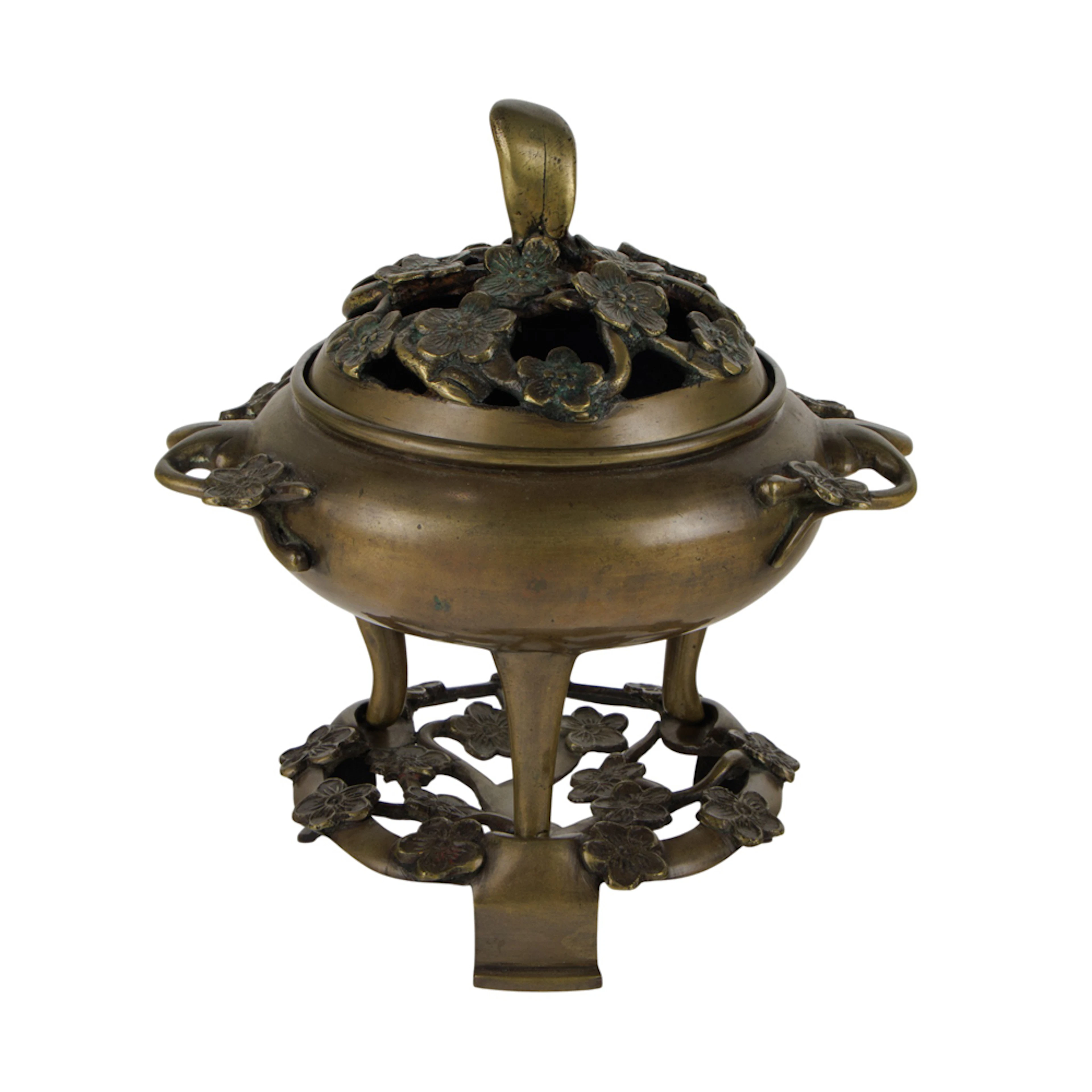 A Chinese cast bronze tripod censer with cover and stand