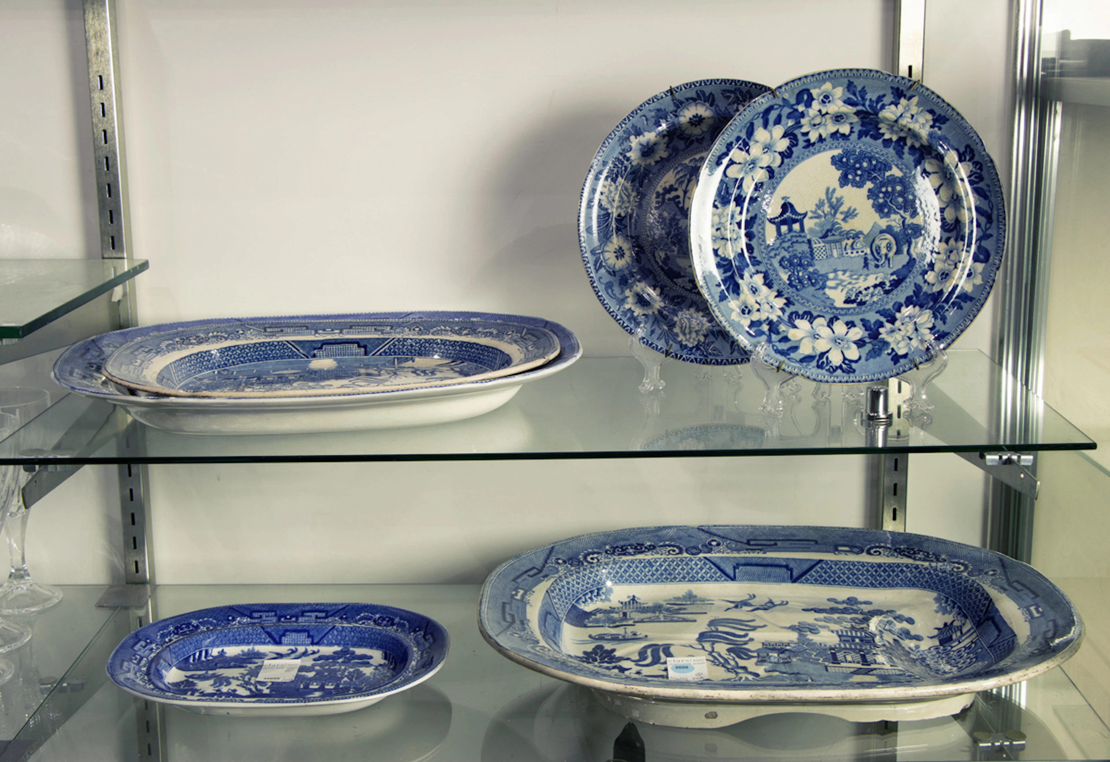 Six English Staffordshire blue and white platters and plates