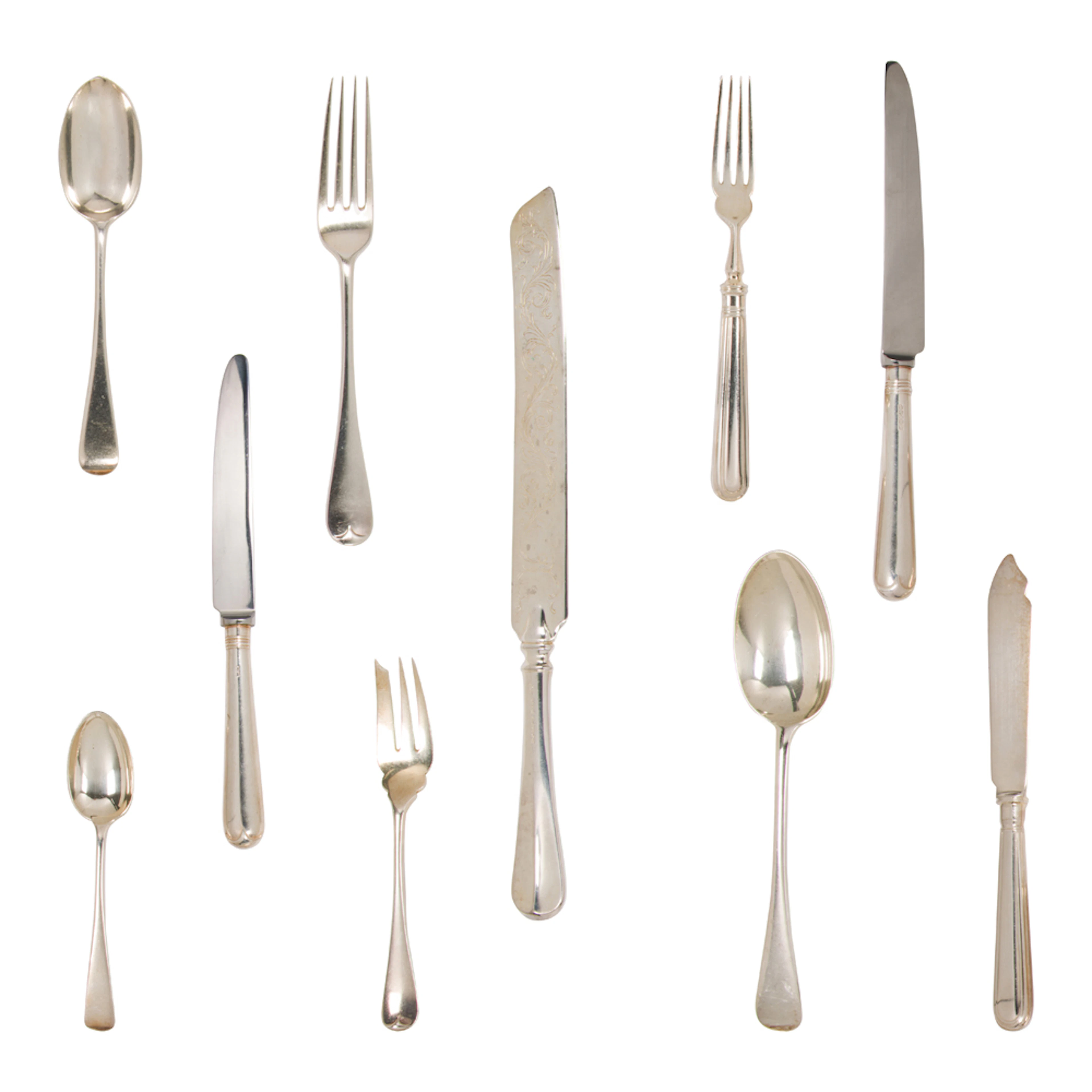 A late Victorian to Elizabeth II assembled silver flatware set, Old