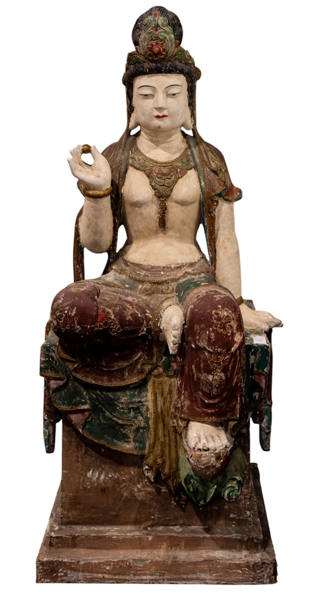 A Chinese polychrome colored wood statue of Guanyin