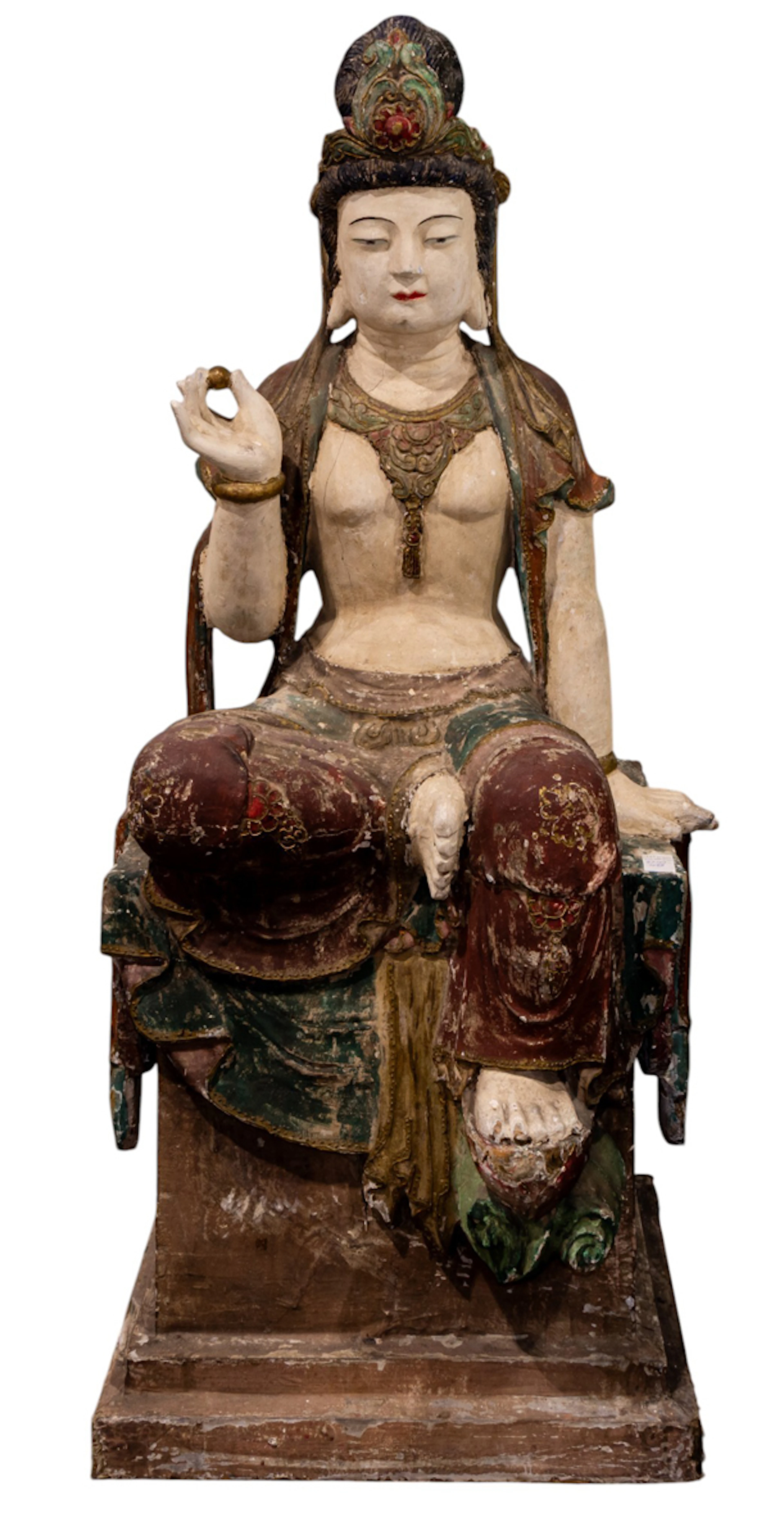 A Chinese polychrome colored wood statue of Guanyin