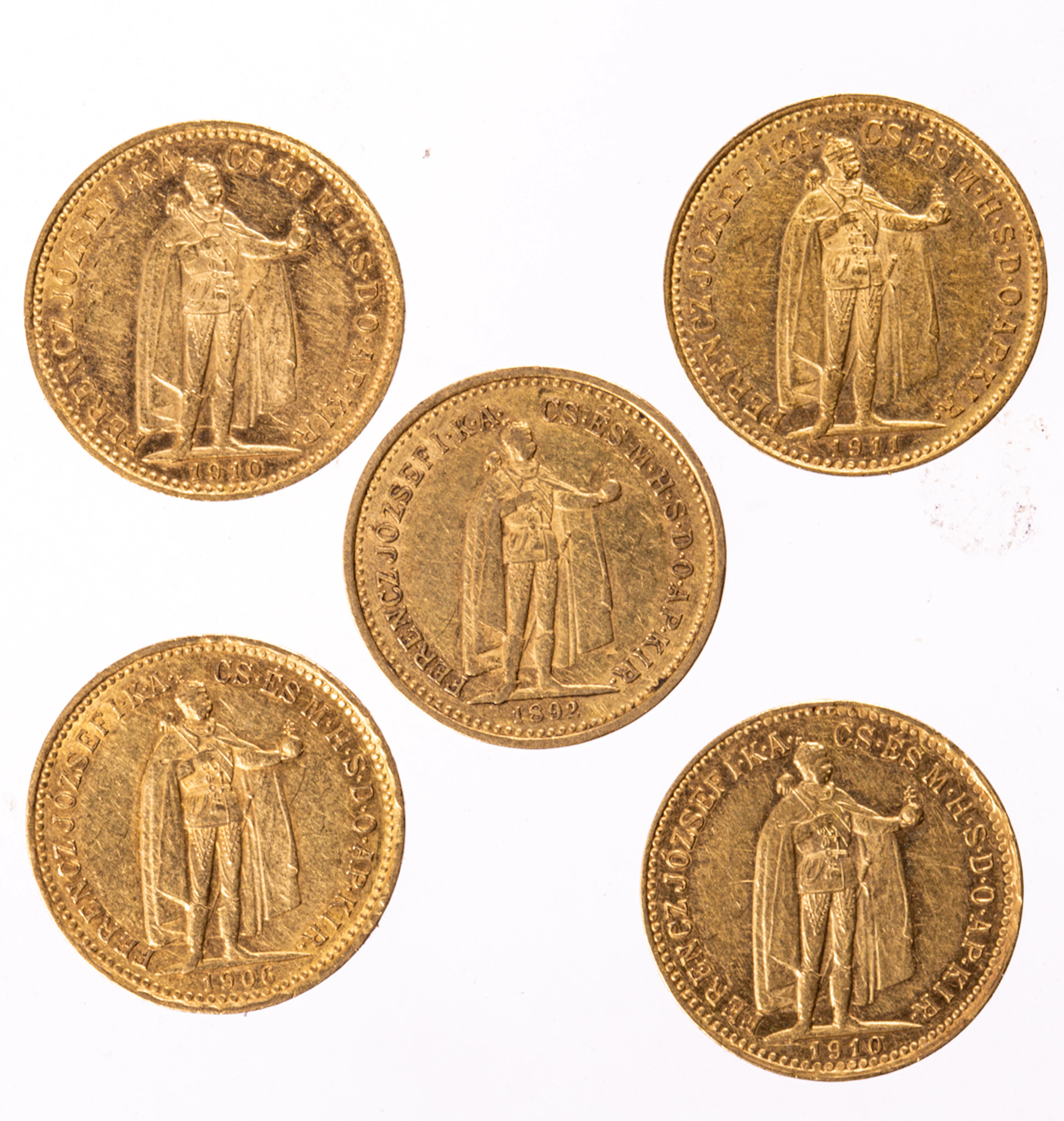 Five Hungarian 10 Korona gold coins