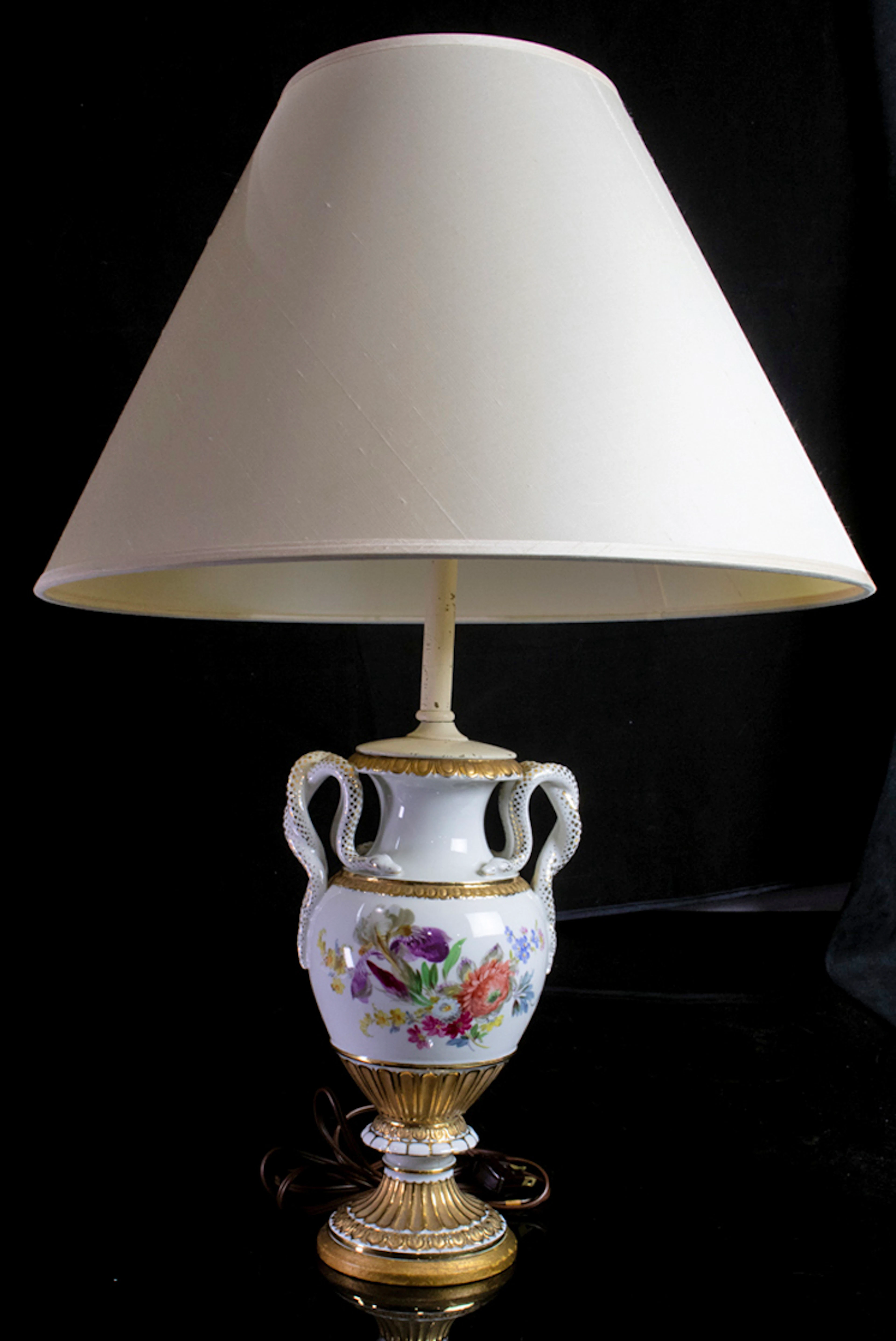 A Meissen porcelain snake handle urn form table lamp