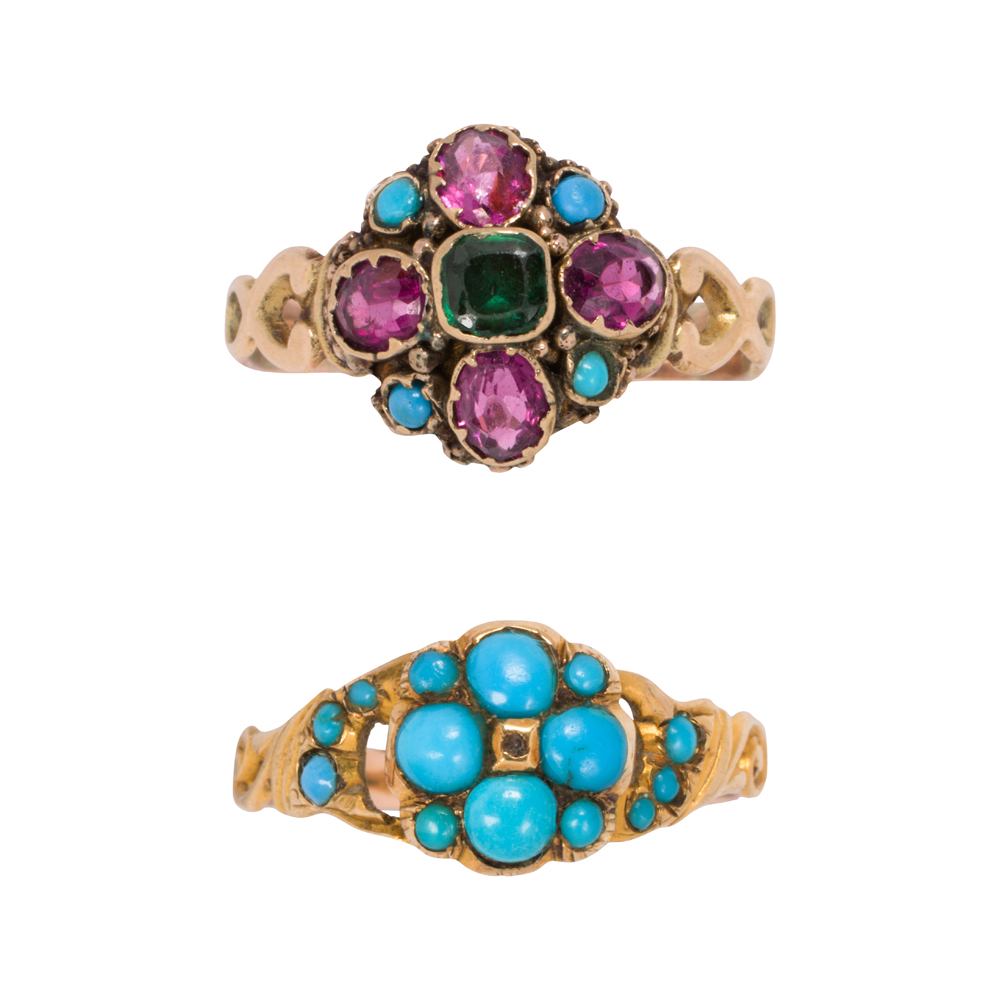 Two antique turquoise, gemstone, and 10k gold rings