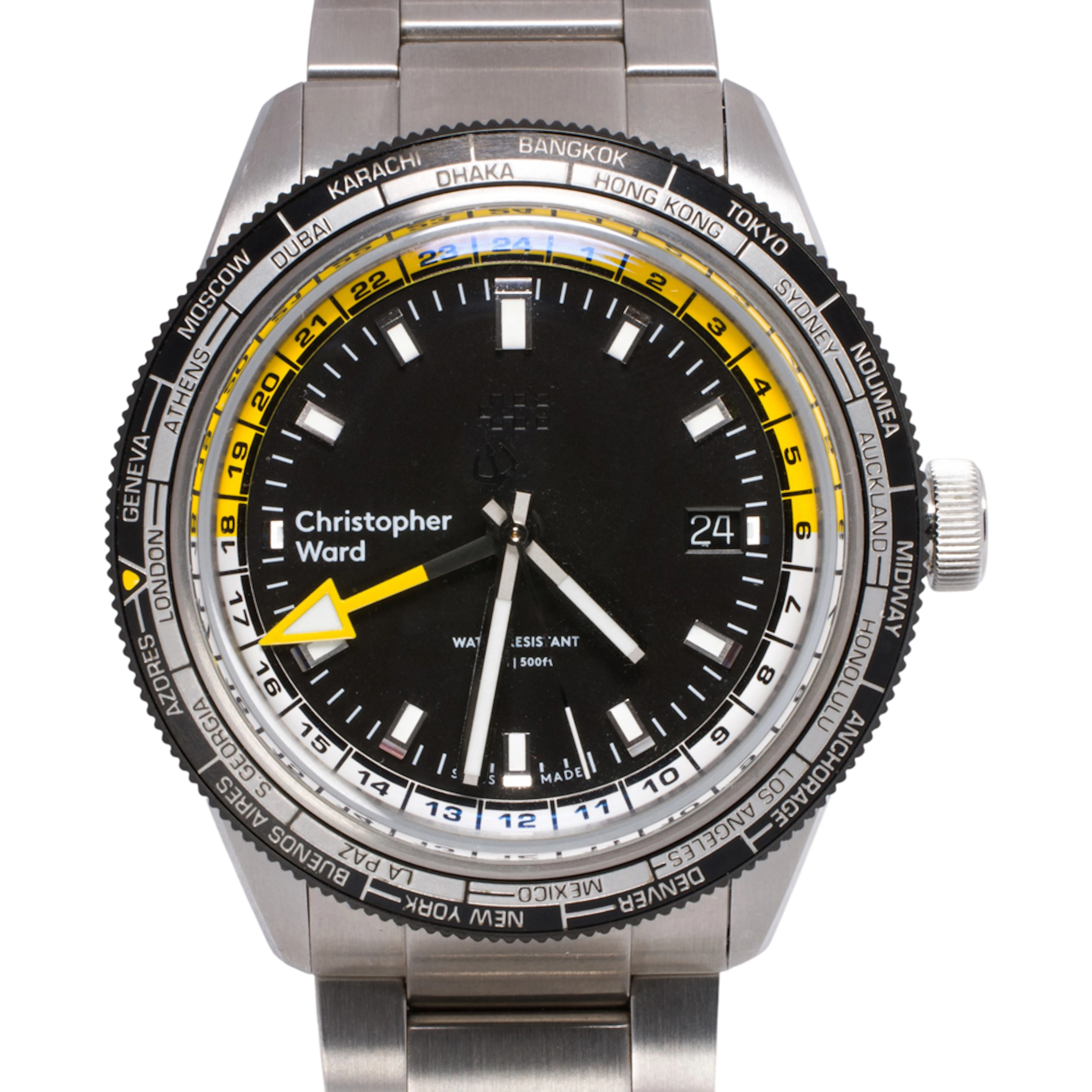 A Christopher Ward Trident World Time stainless steel watch