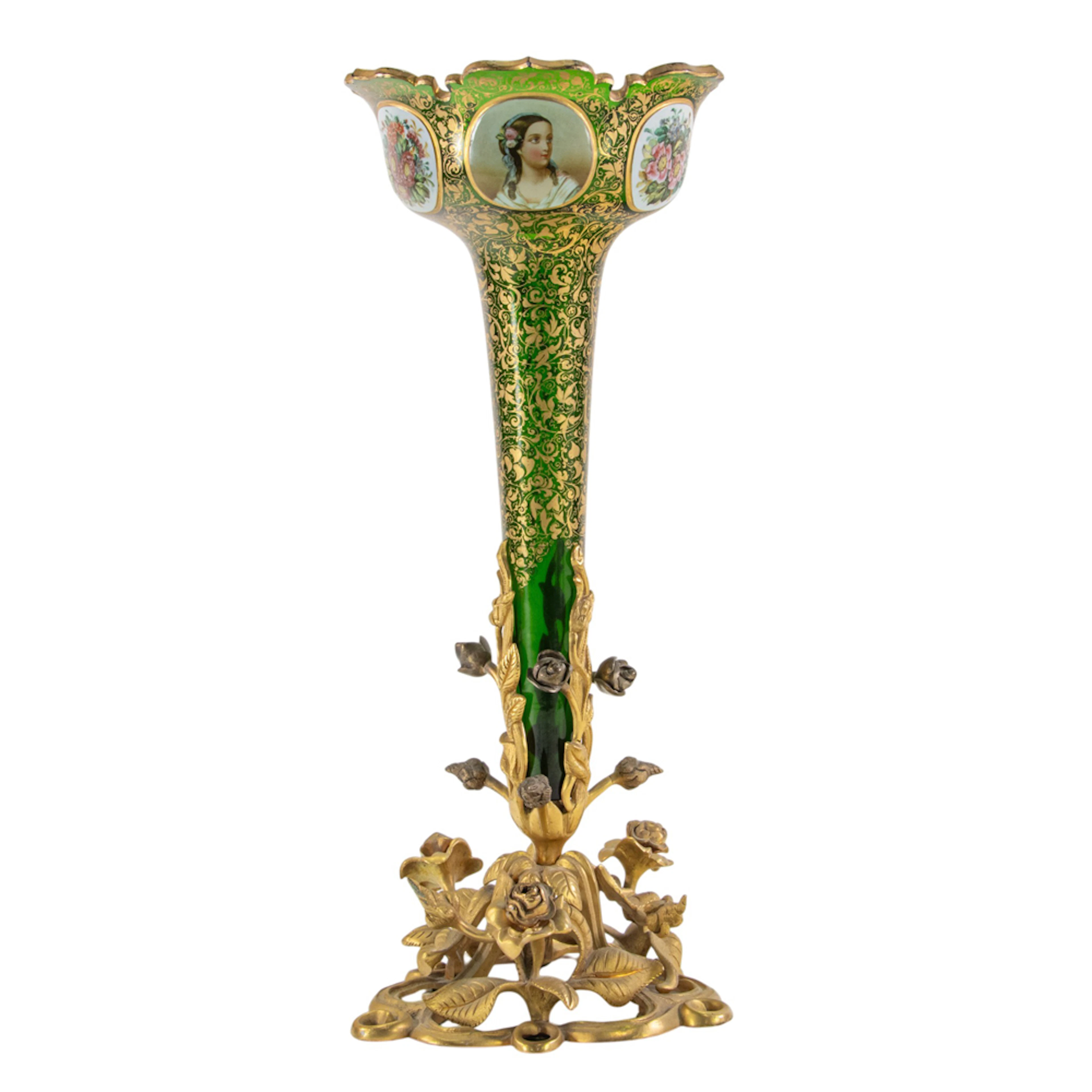 A Bohemian enameled emerald green glass and gilt bronze vase
