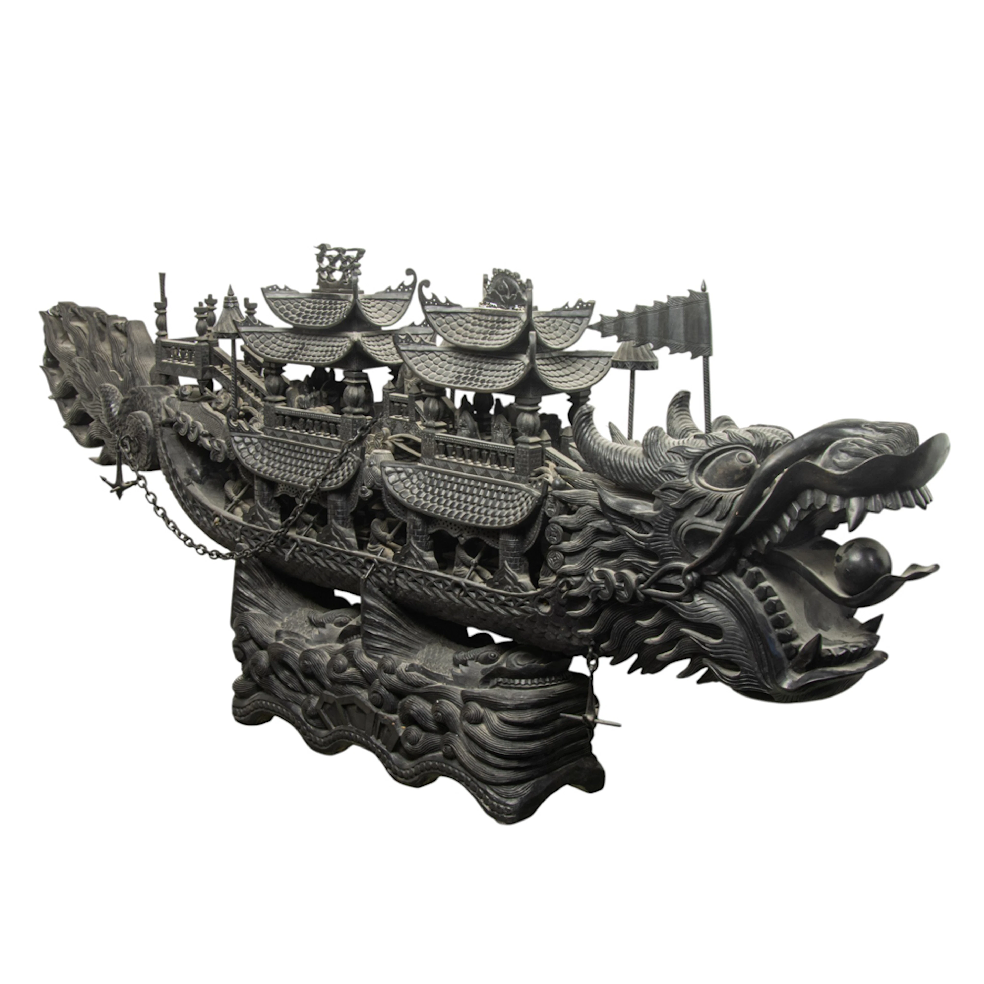 A large Chinese carved wood dragon boat