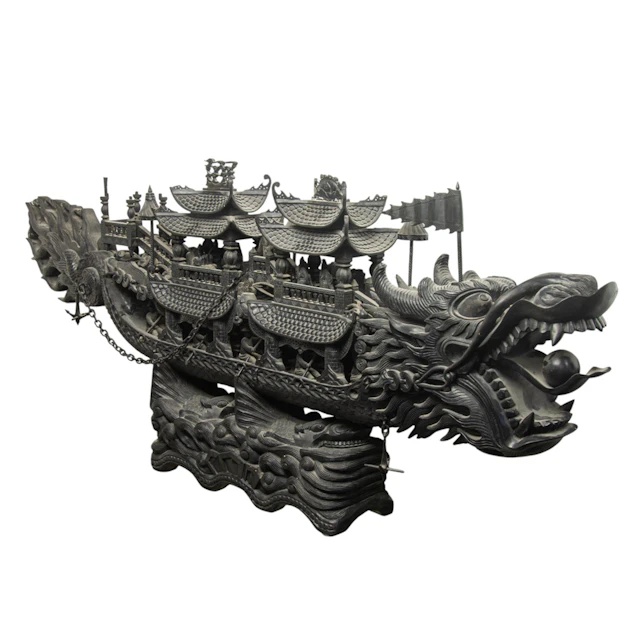 A large Chinese carved wood dragon boat