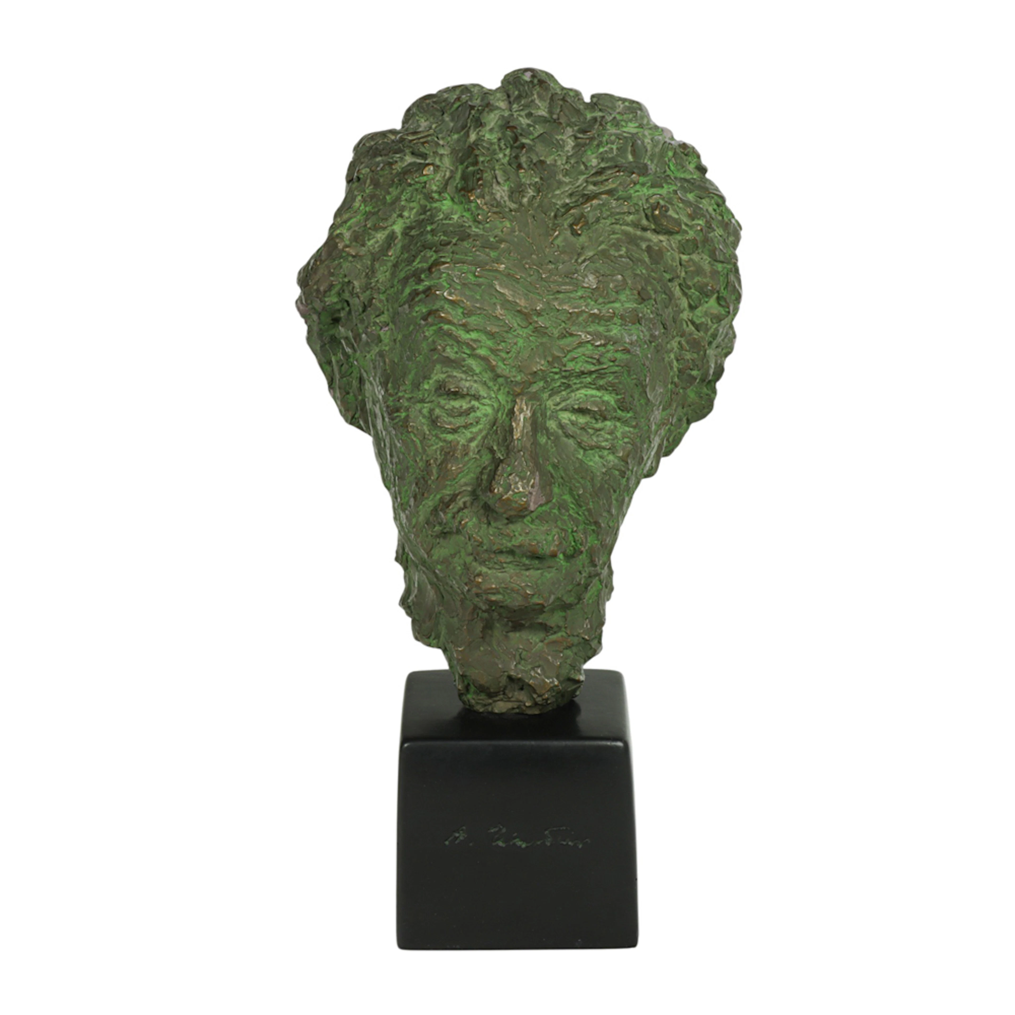 A bronzed plaster portrait bust of Albert Einstein