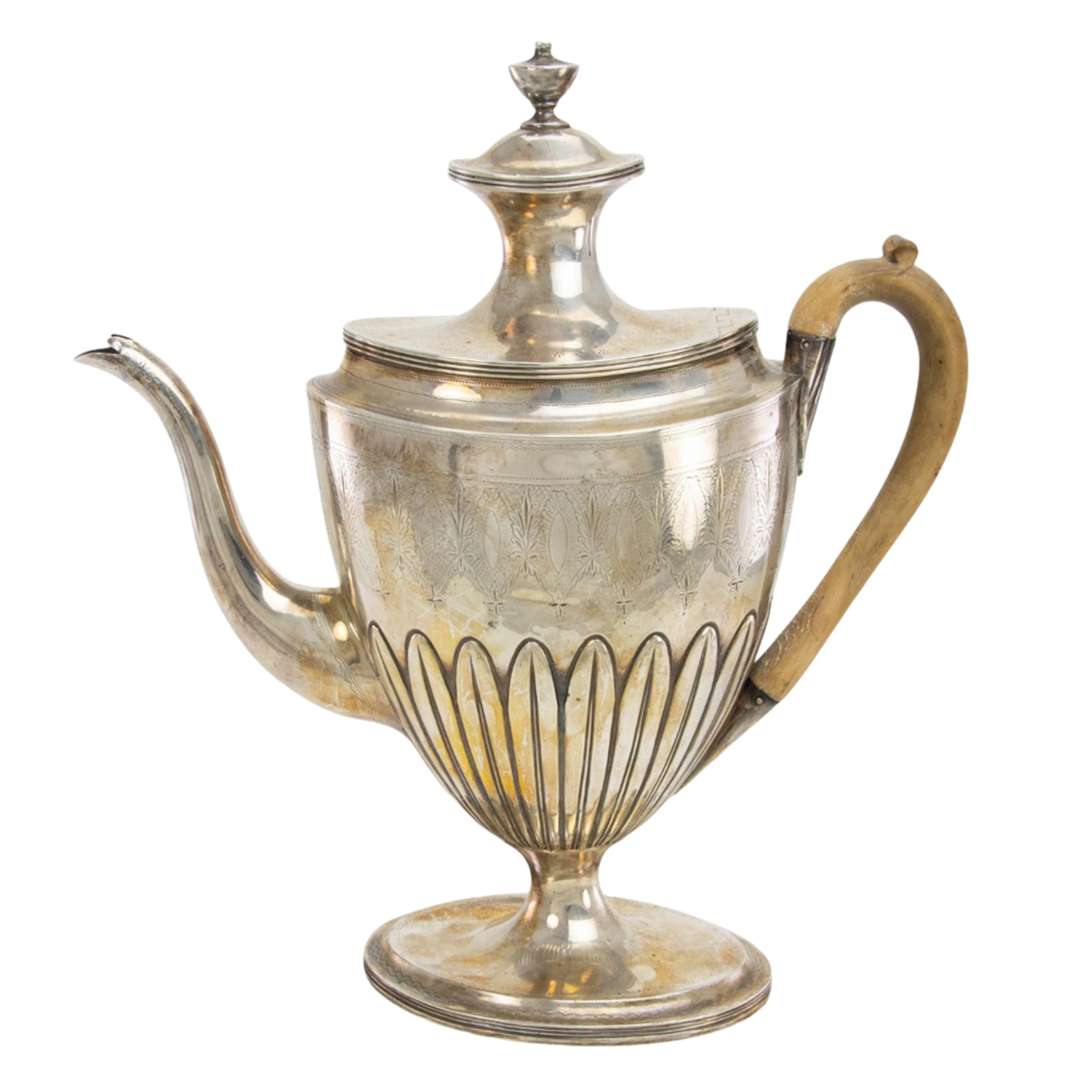 A George III silver Neoclassical coffee pot with wooden handle