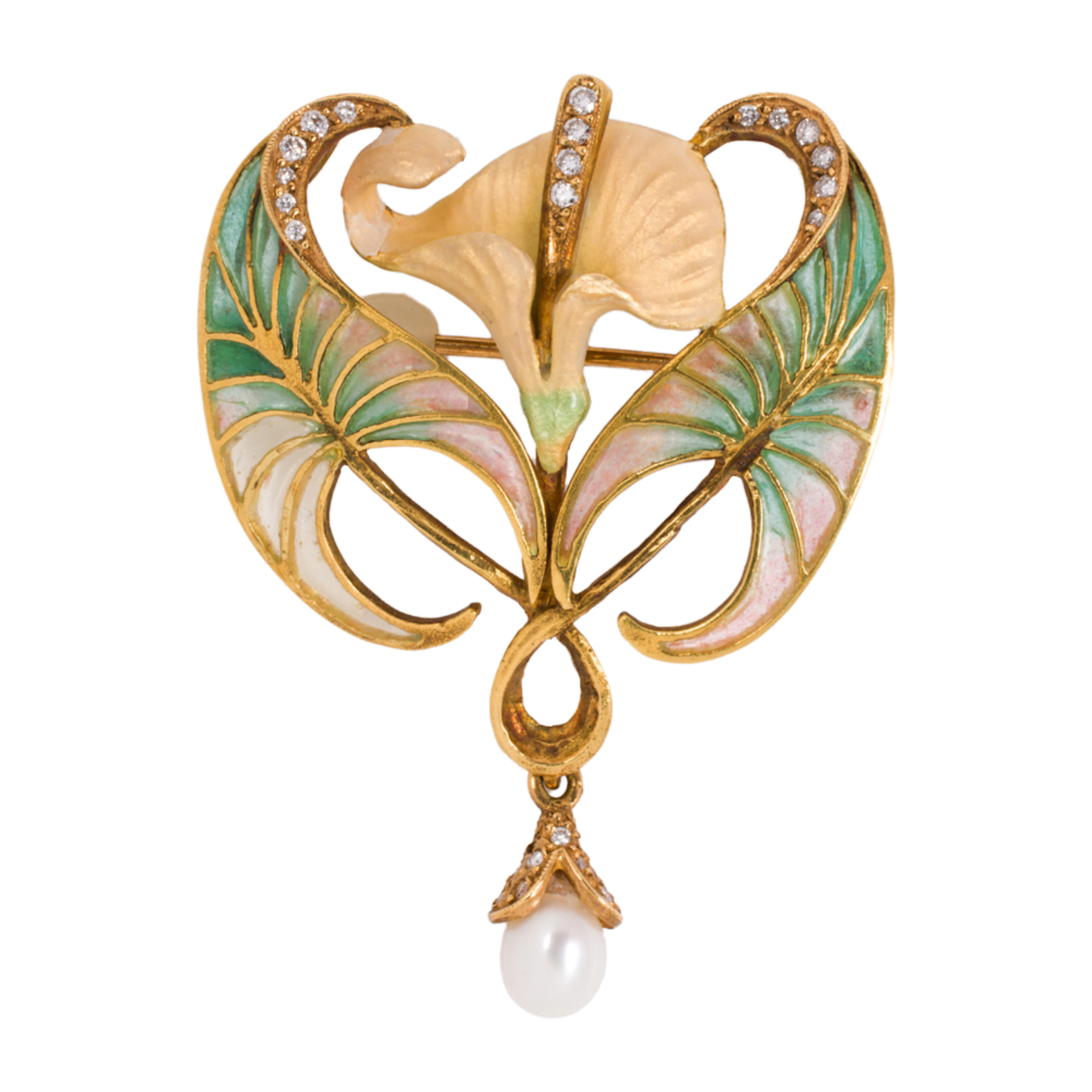 A Masriera enamel, diamond, cultured pearl, and 18k gold brooch