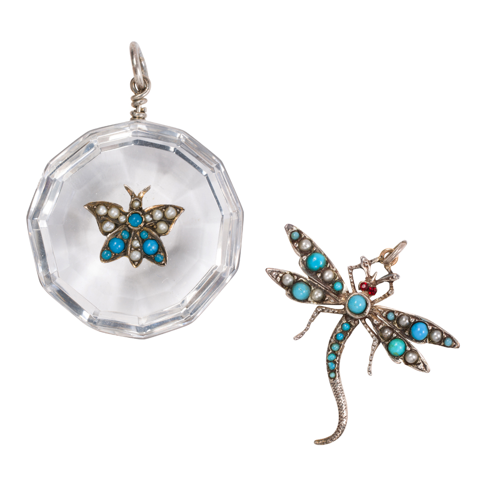 Two turquoise, seed pearl, and silver insect pendants