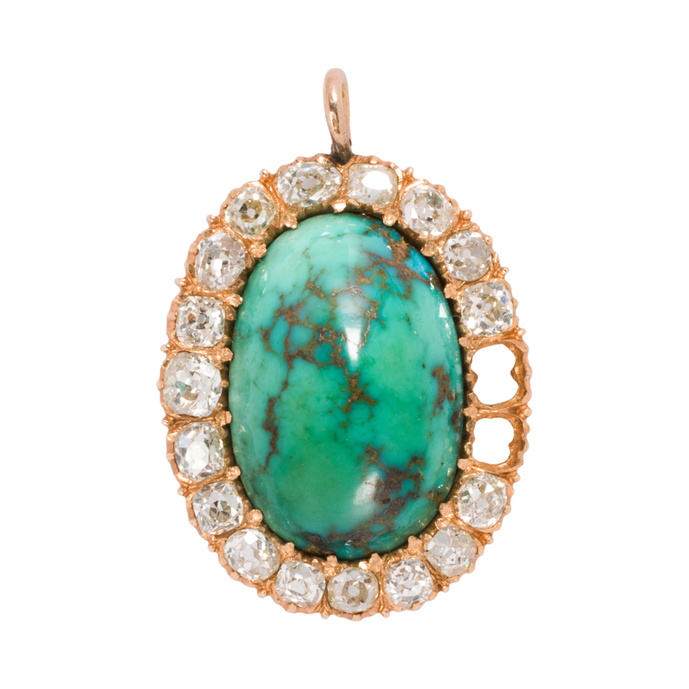 An antique turquoise, diamond, 14k, and 18k gold pendant necklace