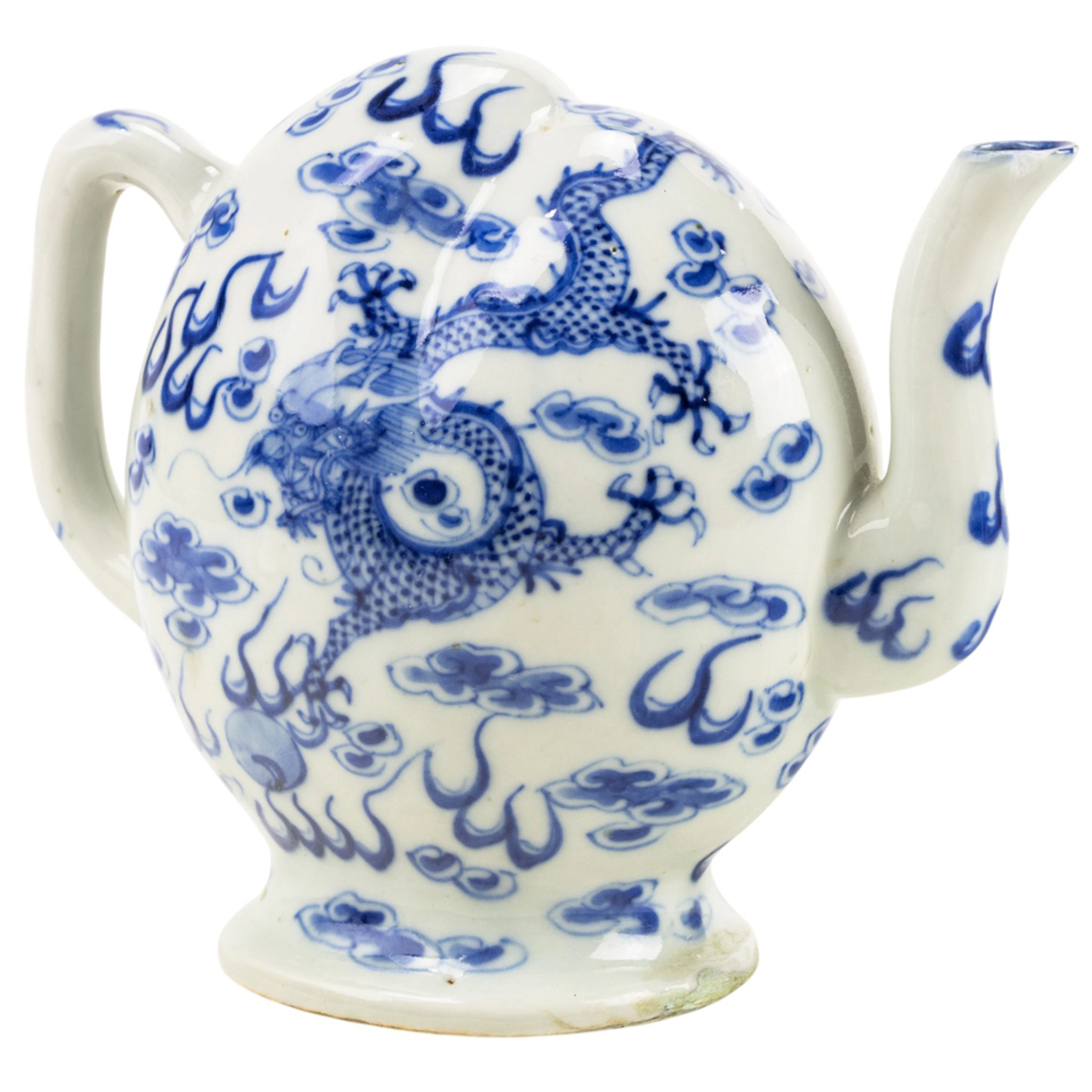 A Chinese blue and white peach-form puzzle wine pot