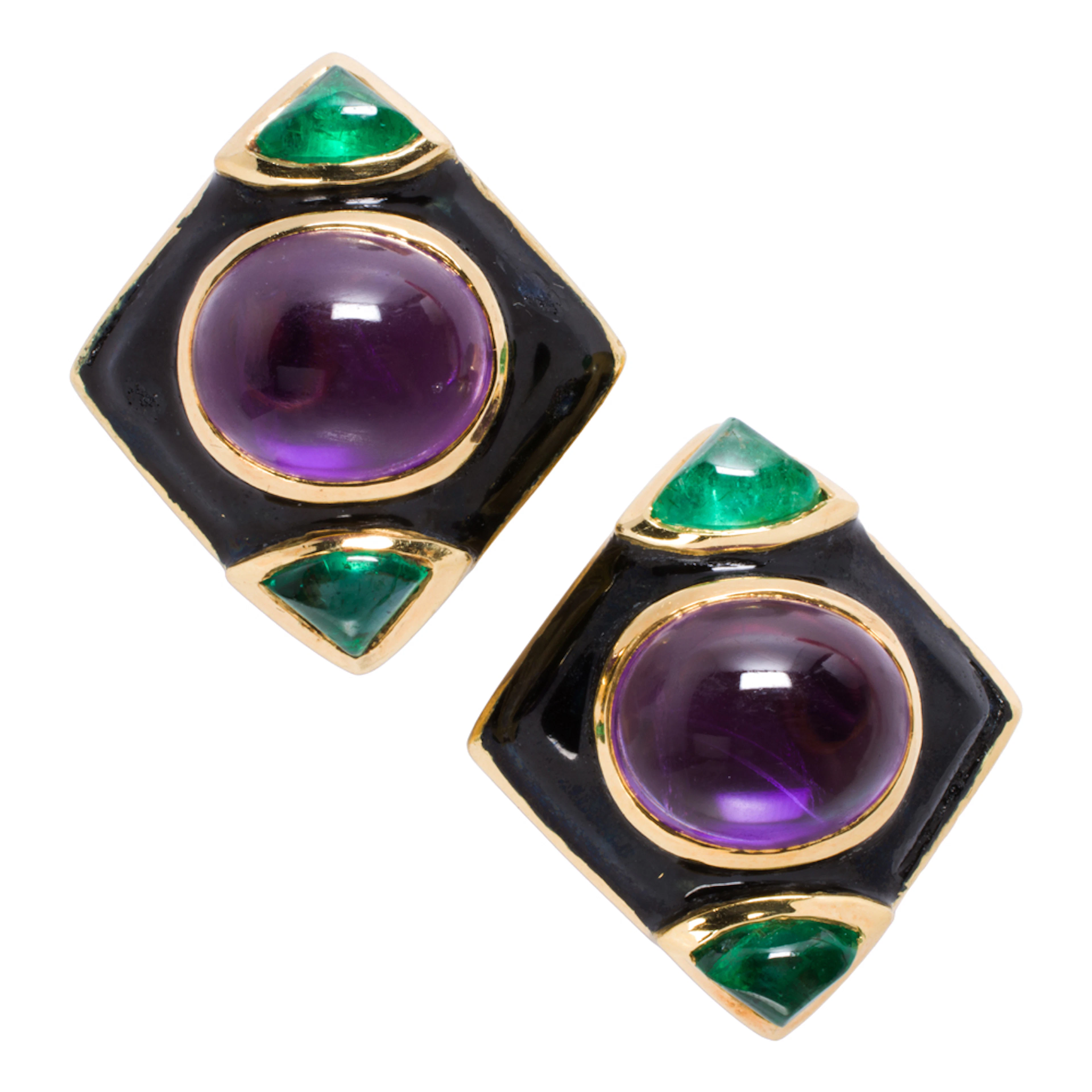 A pair of amethyst, tourmaline, enamel, and 18k gold ear-clips