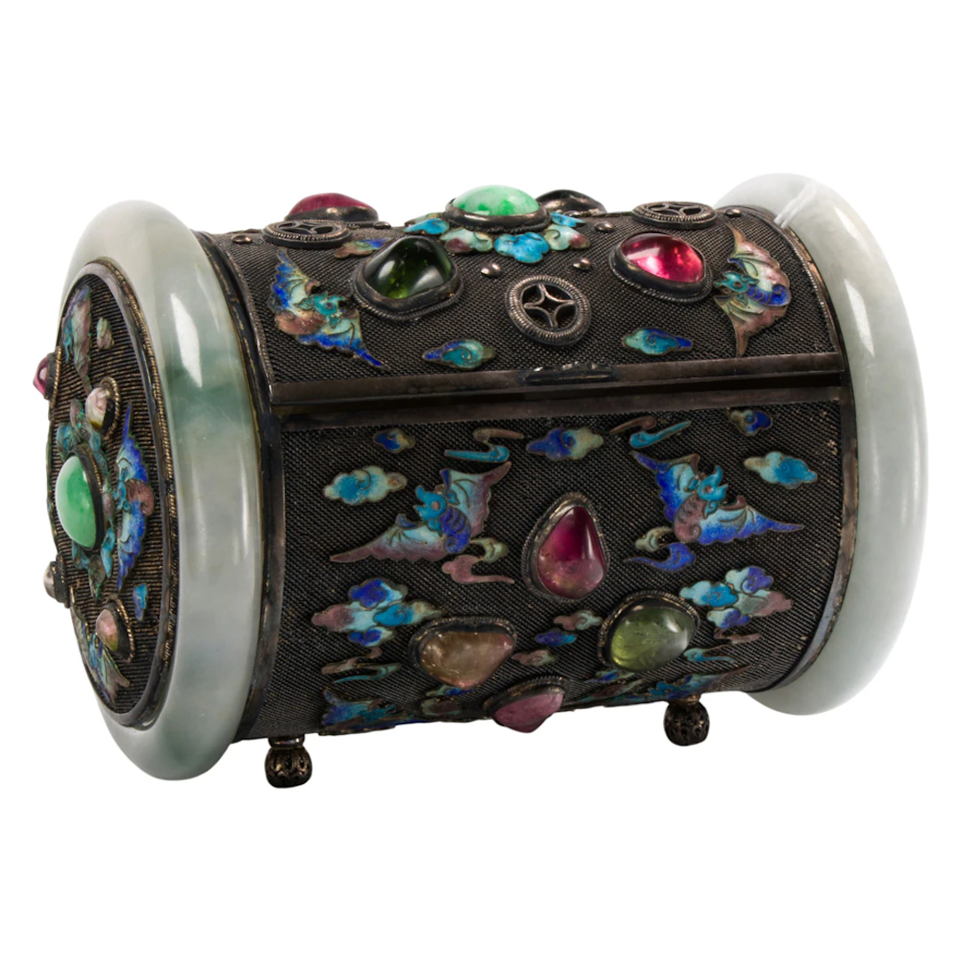 A Chinese export enameled silver, gemstone, and jadeite box