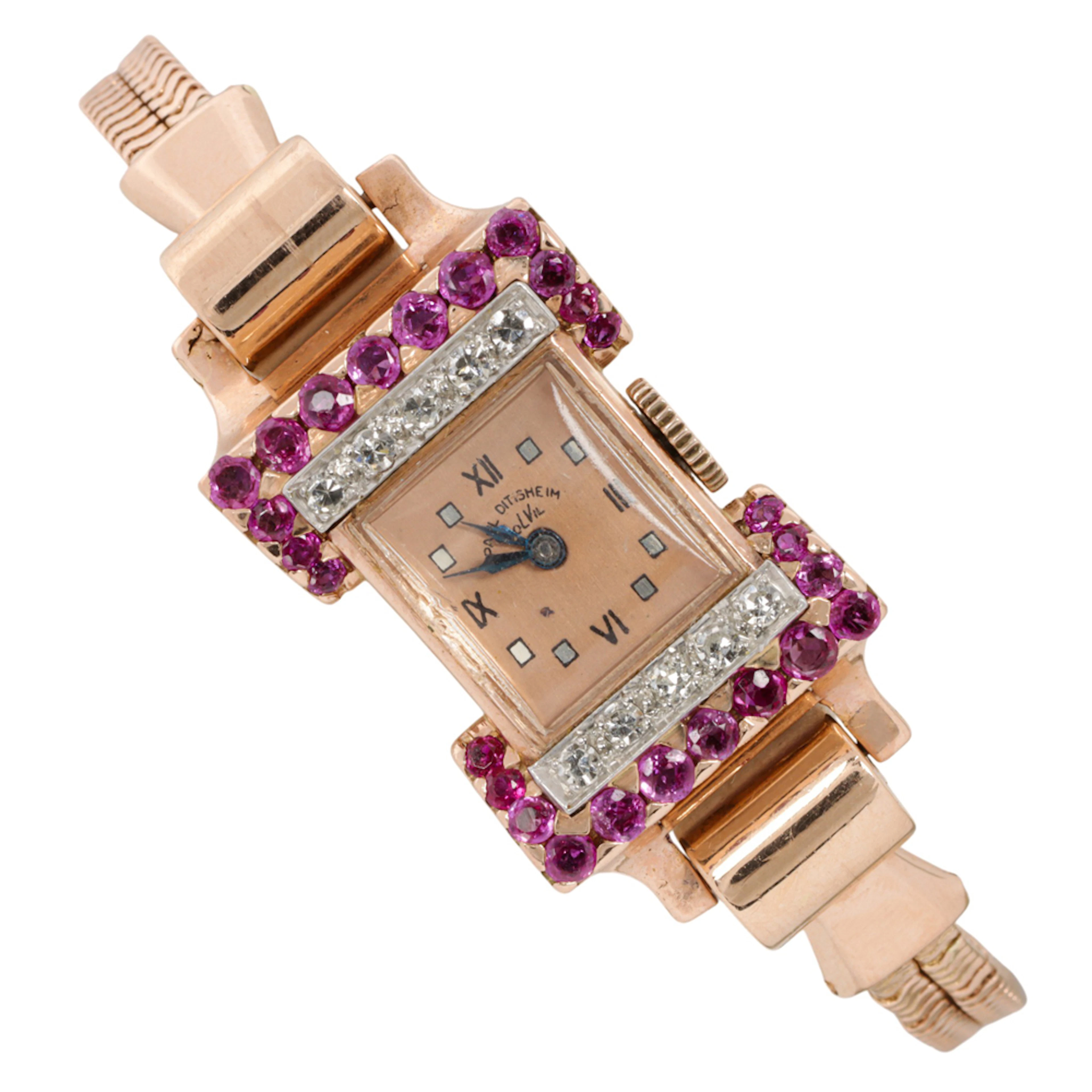 A Retro Paul Ditisheim Solvil diamond, ruby and 14k rose gold watch