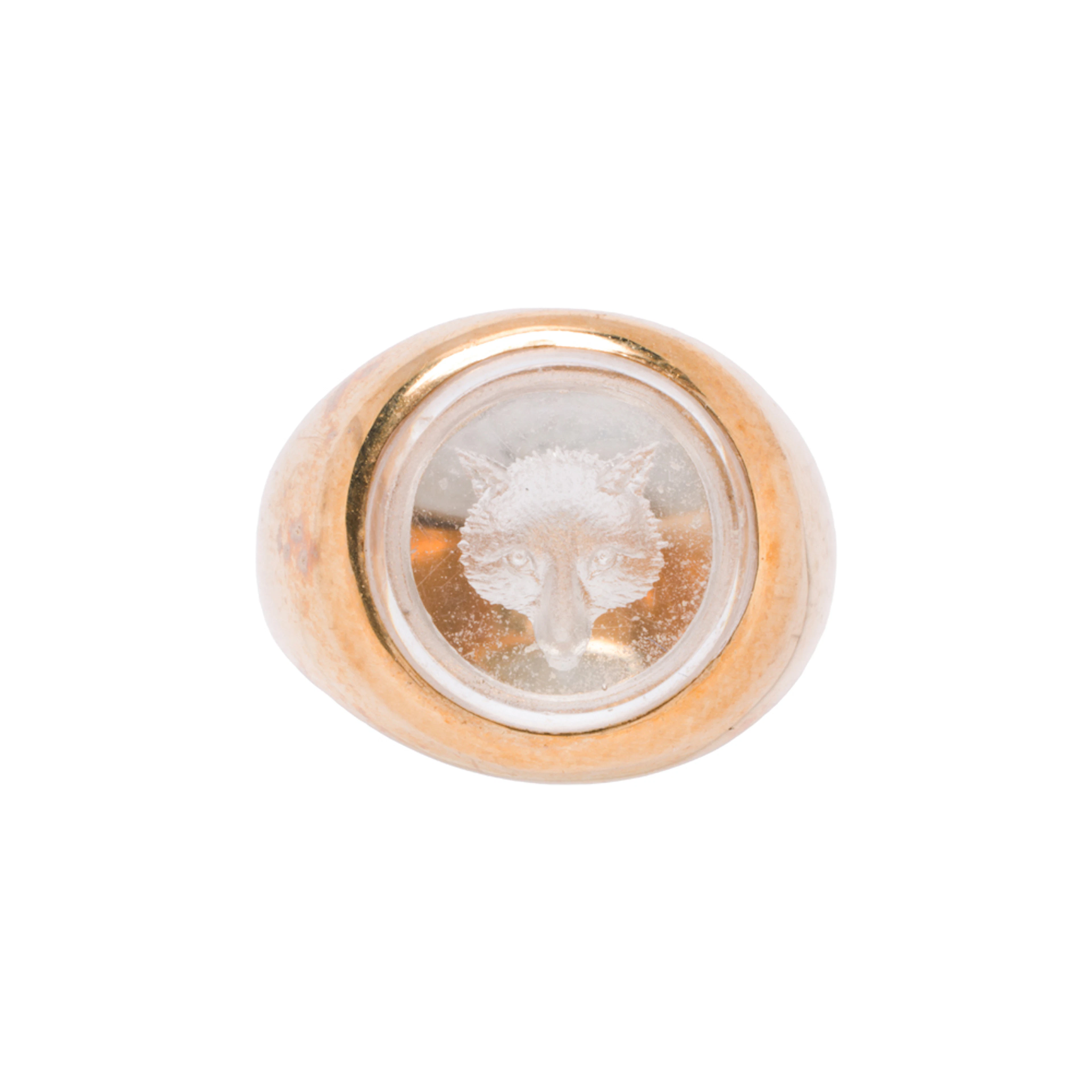 A crystal and 14k gold reverse intaglio ring