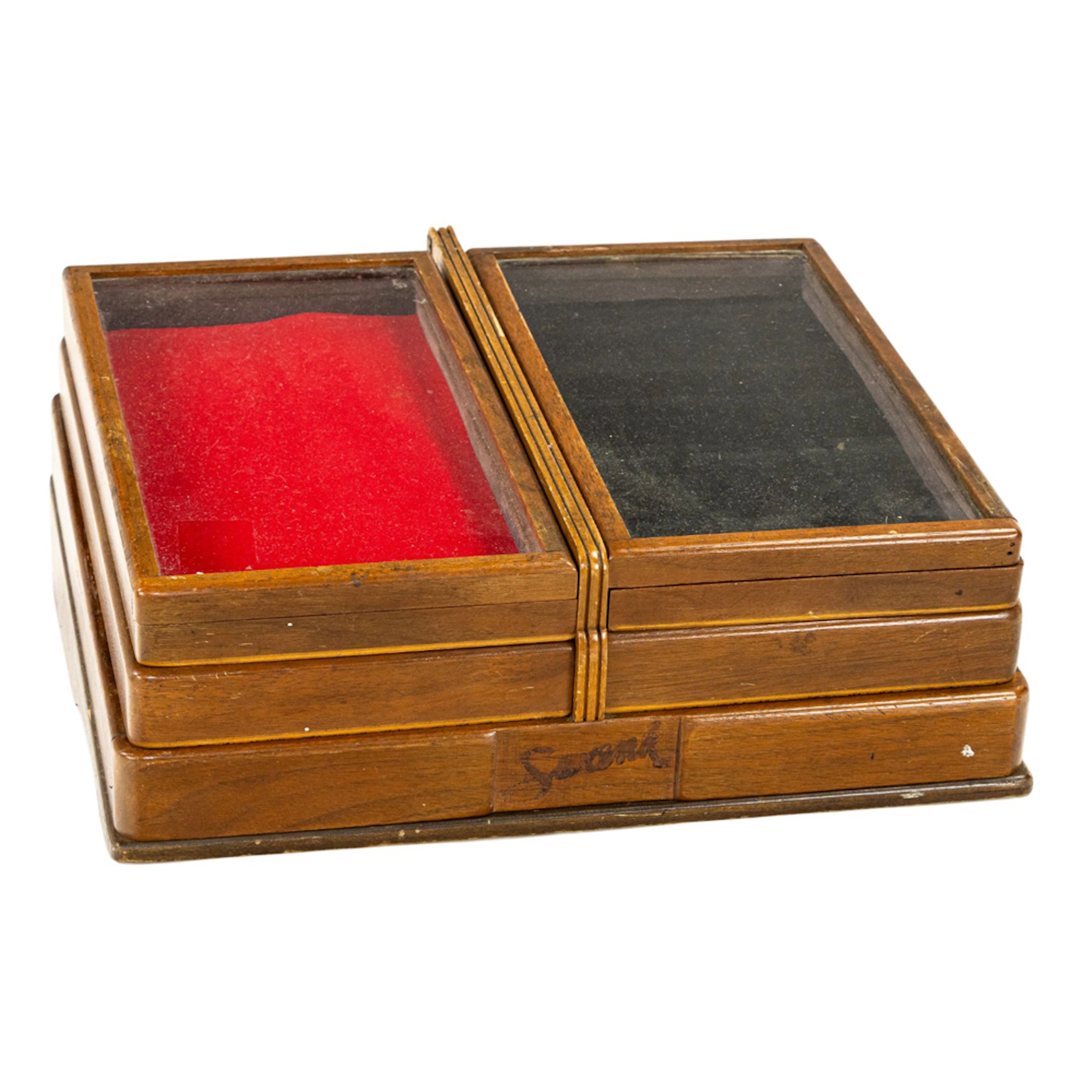 A vintage American glazed wood jewelry display case