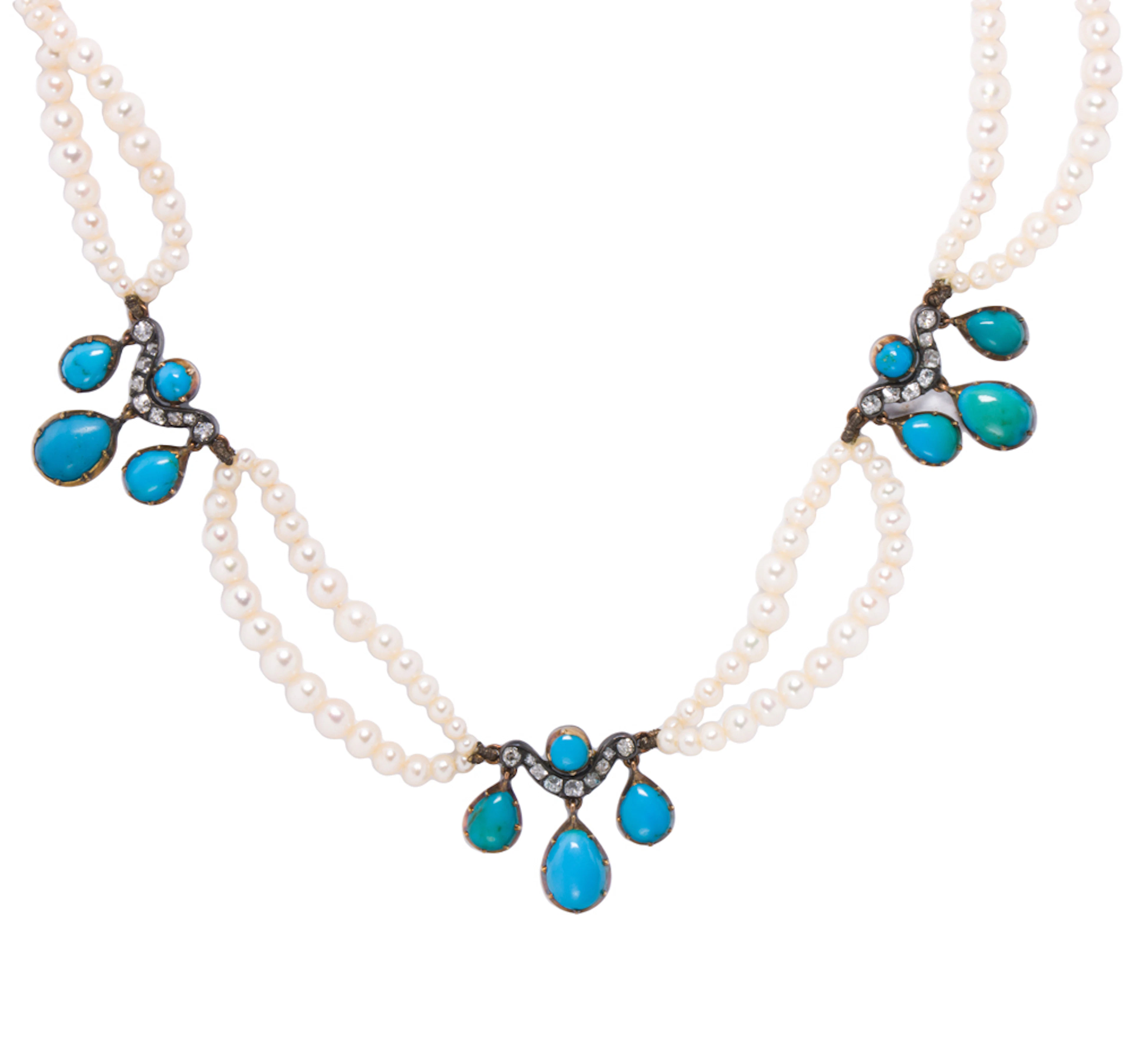 An antique seed pearl, turquoise, diamond, and 10k gold necklace