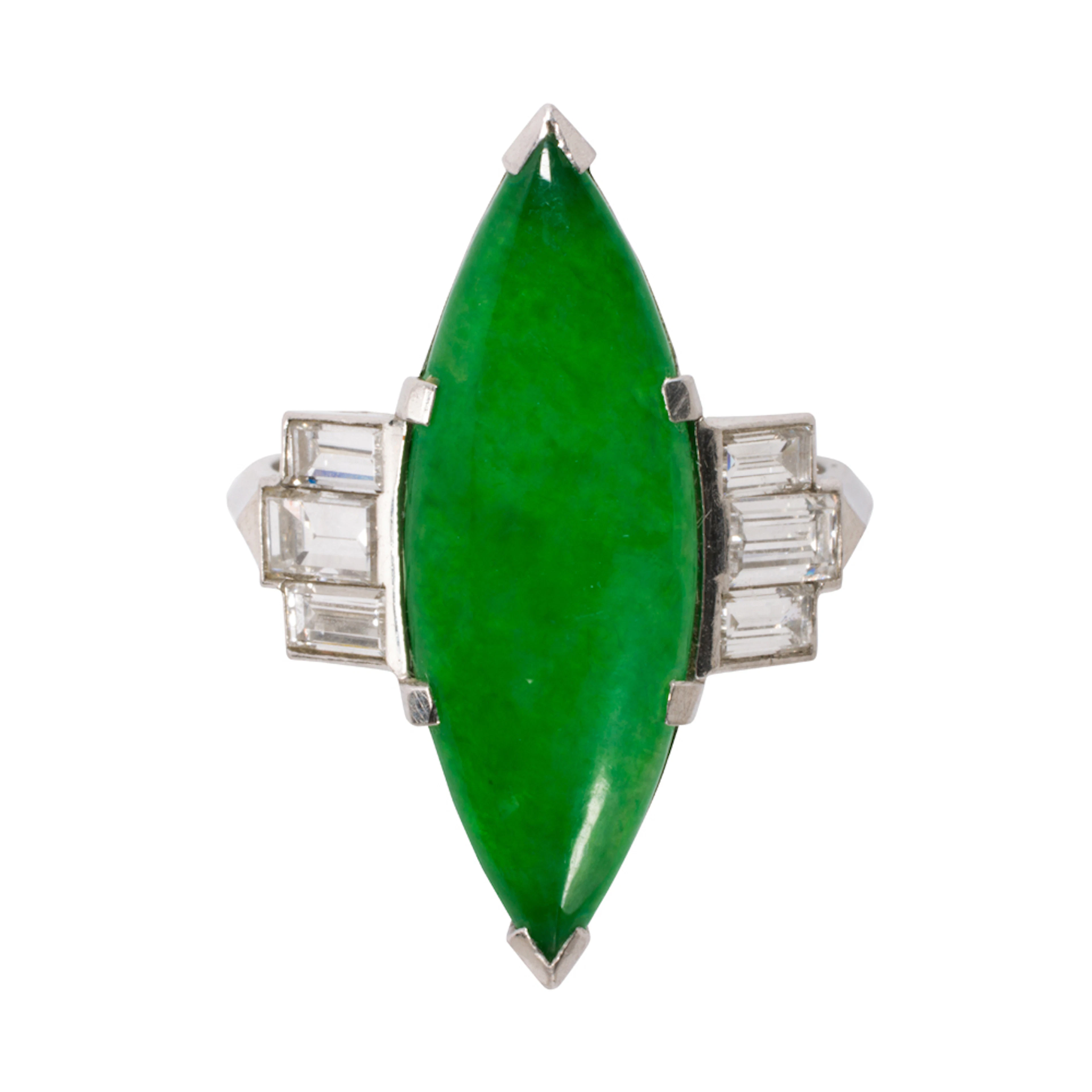 A jade, diamond, and platinum ring