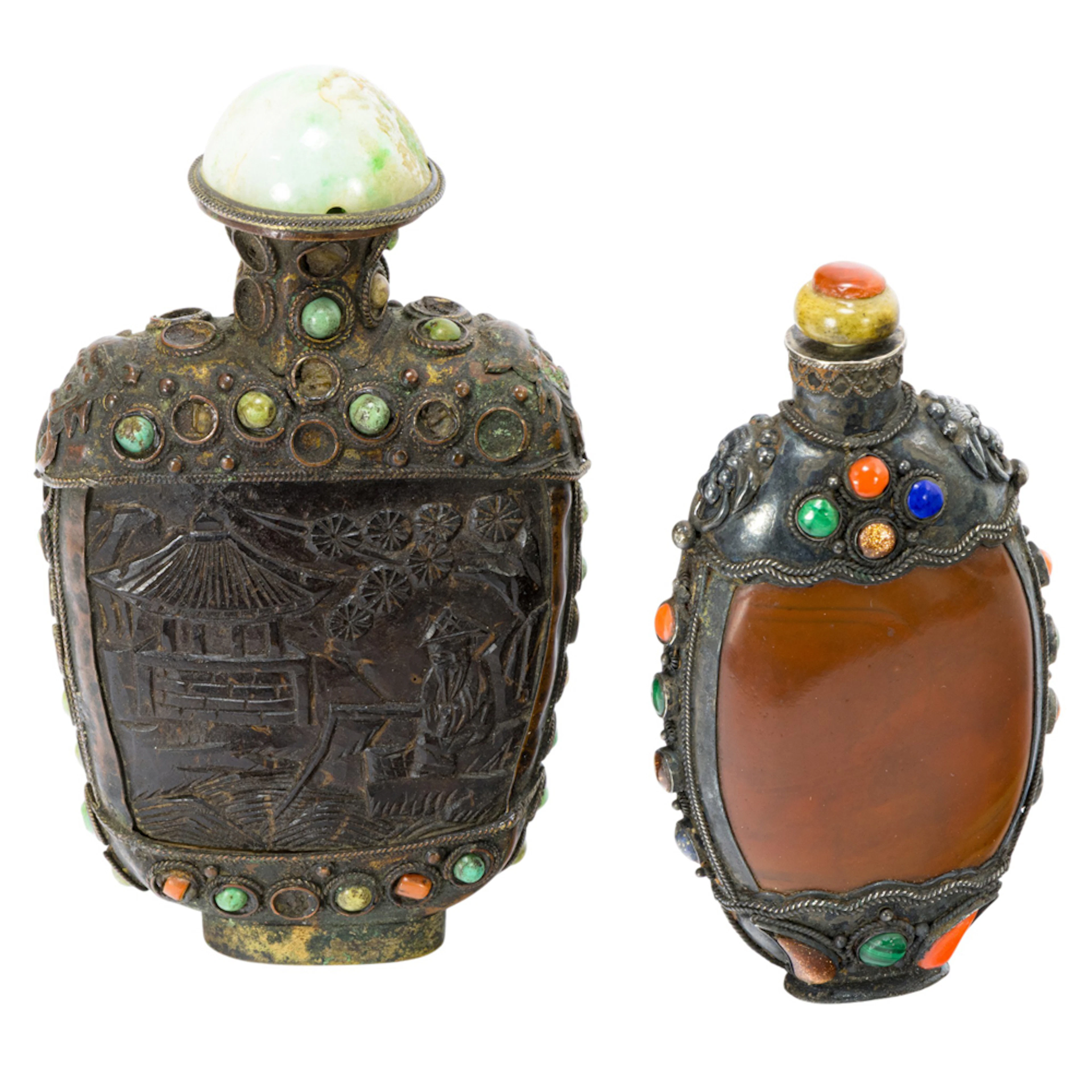 (lot of 2) Mongolian silver metal turquoise and coral inlaid snuff bottles