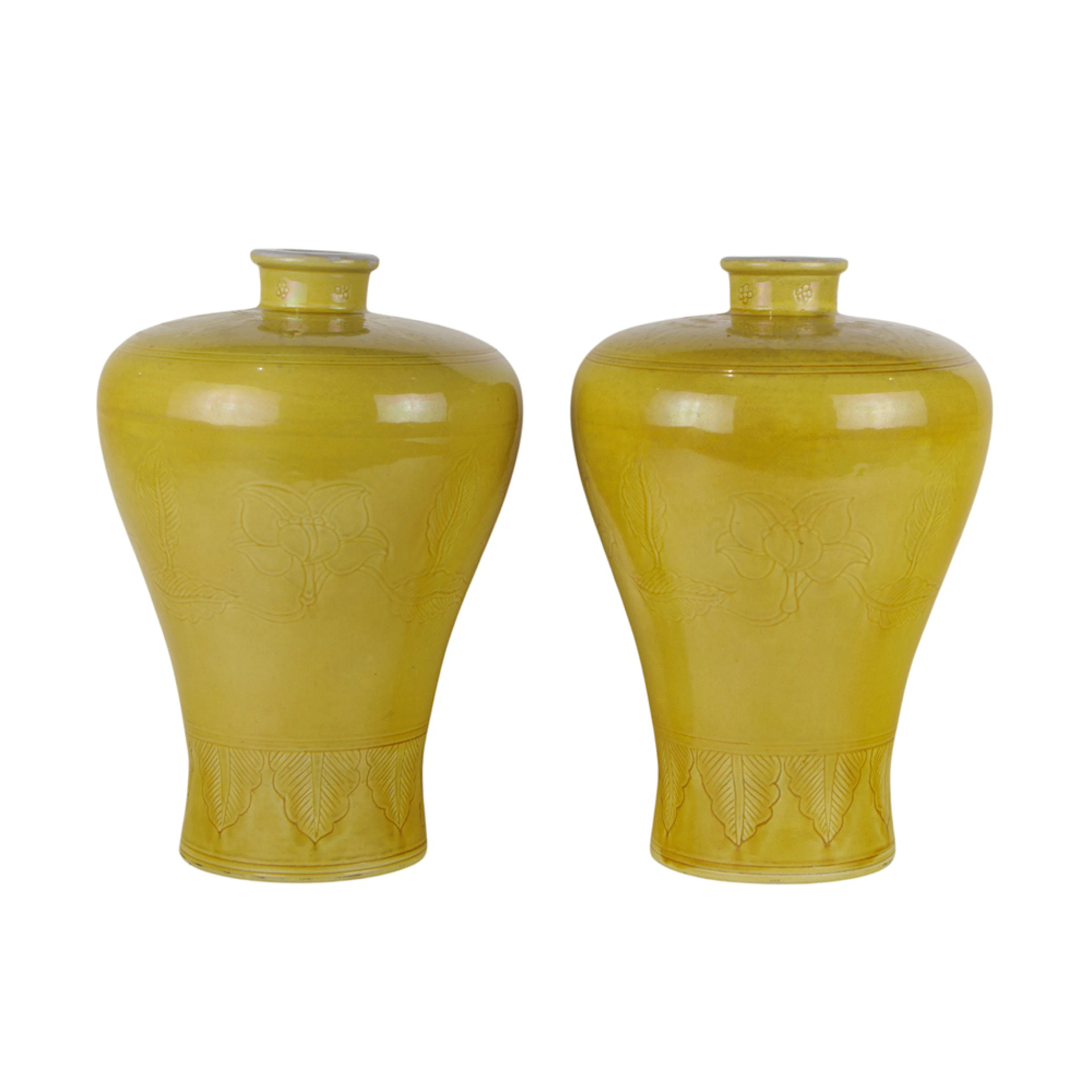 A pair of Chinese yellow glazed and incise-decorated meiping vases