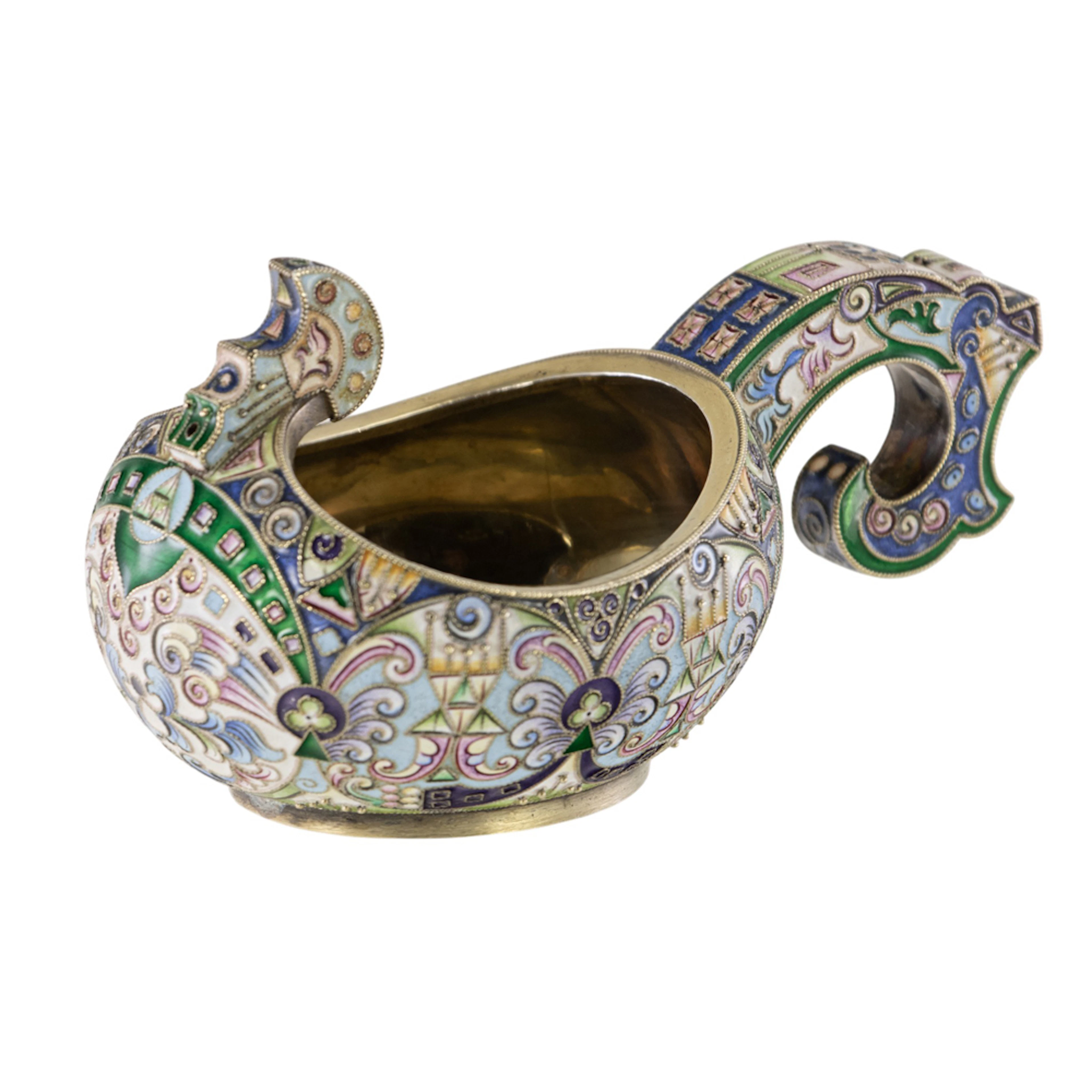 A Russian 84 standard silver gilt and cloisonne enamel miniature kovsh