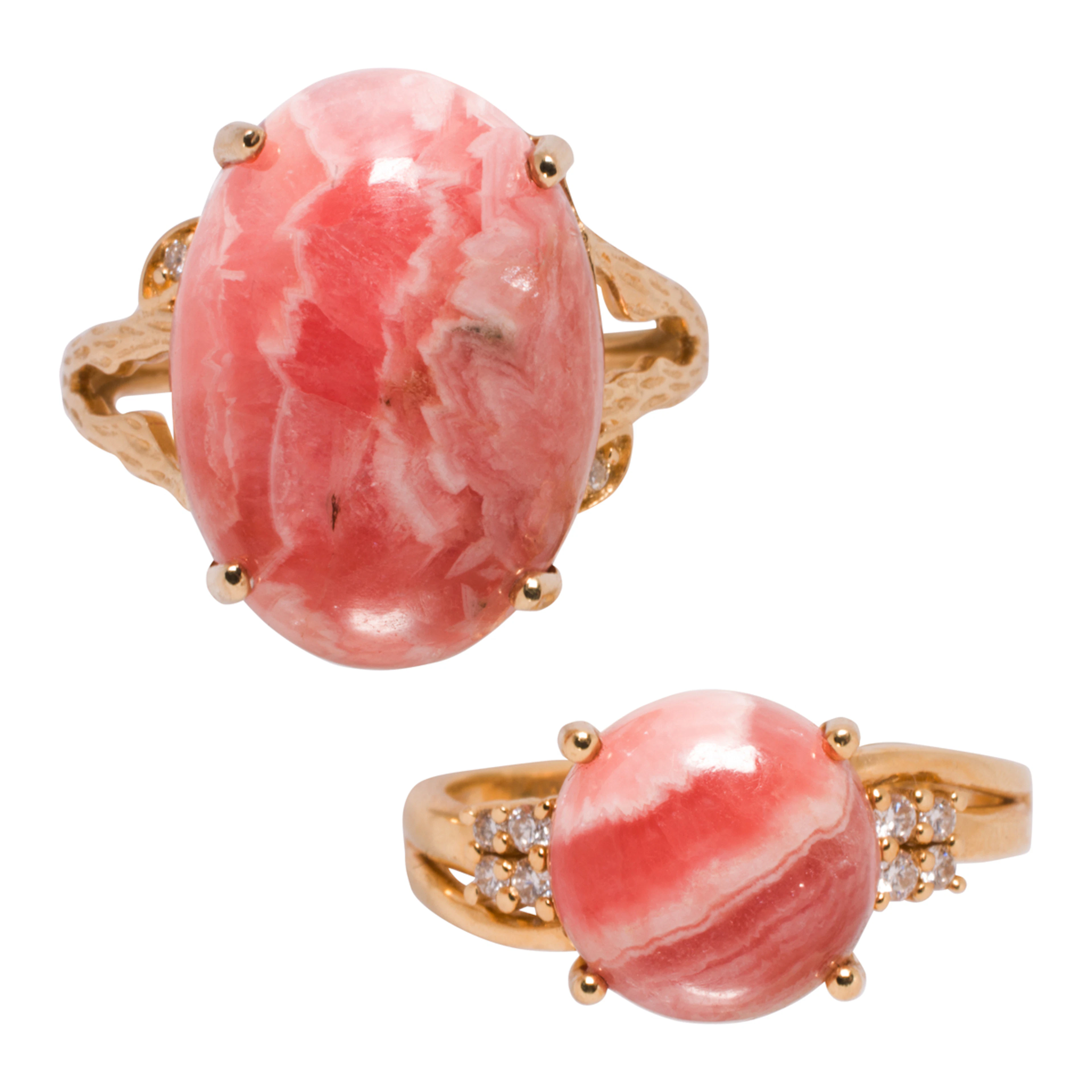 Two rhodochrosite, diamond, and 14k gold rings