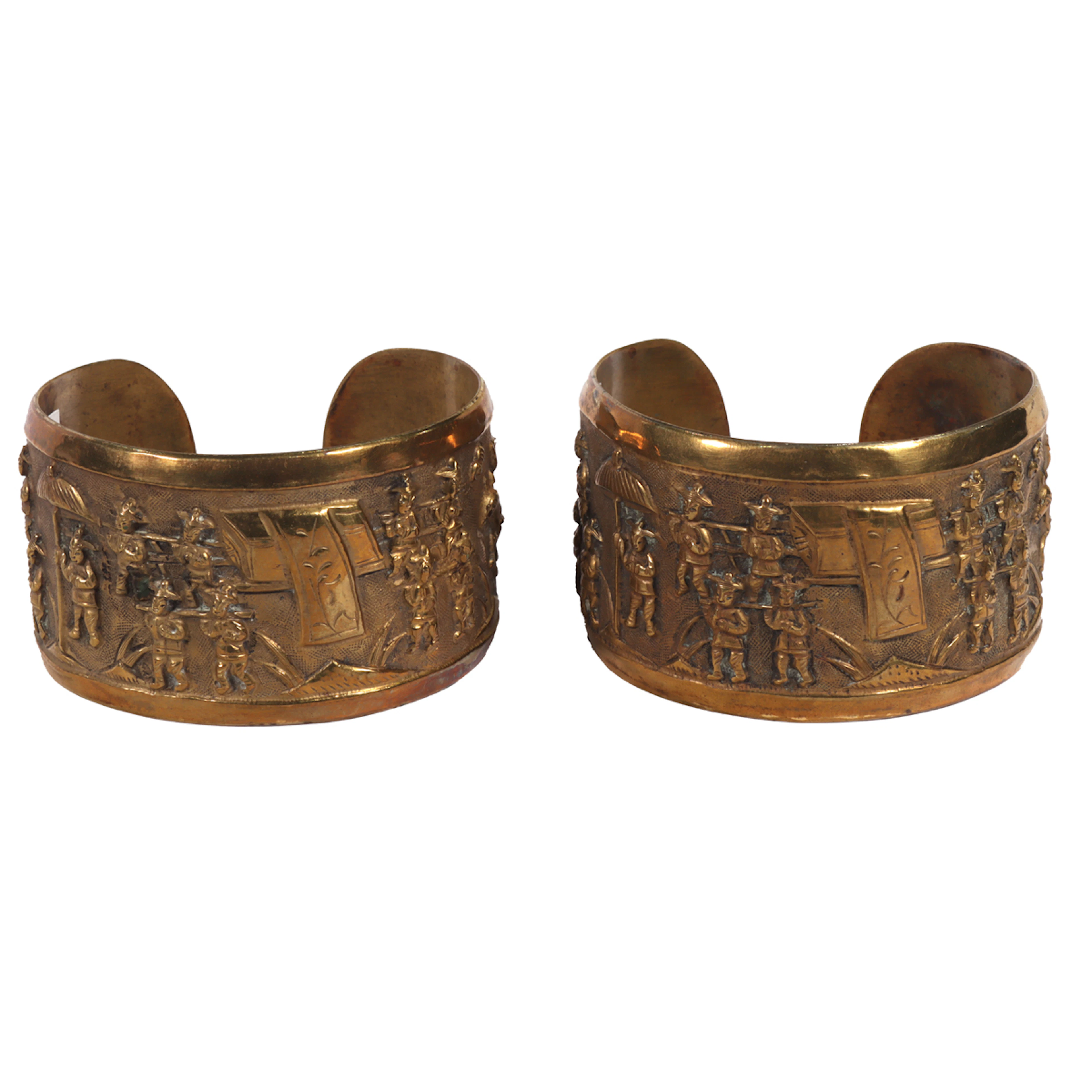 A pair of Chinese bronze or yellow brass bracelets