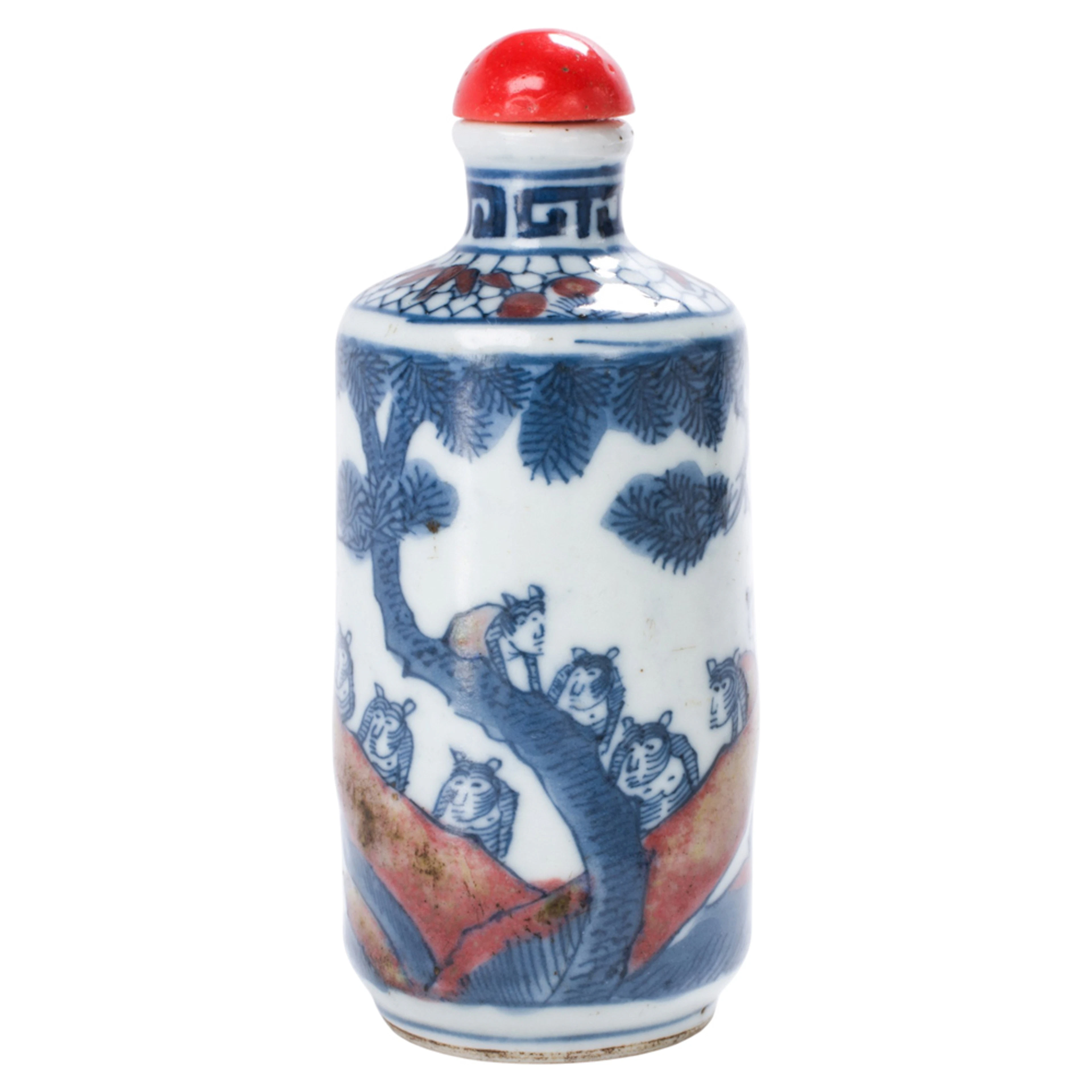 A Chinese blue and white and copper red 'monkey' snuff bottle