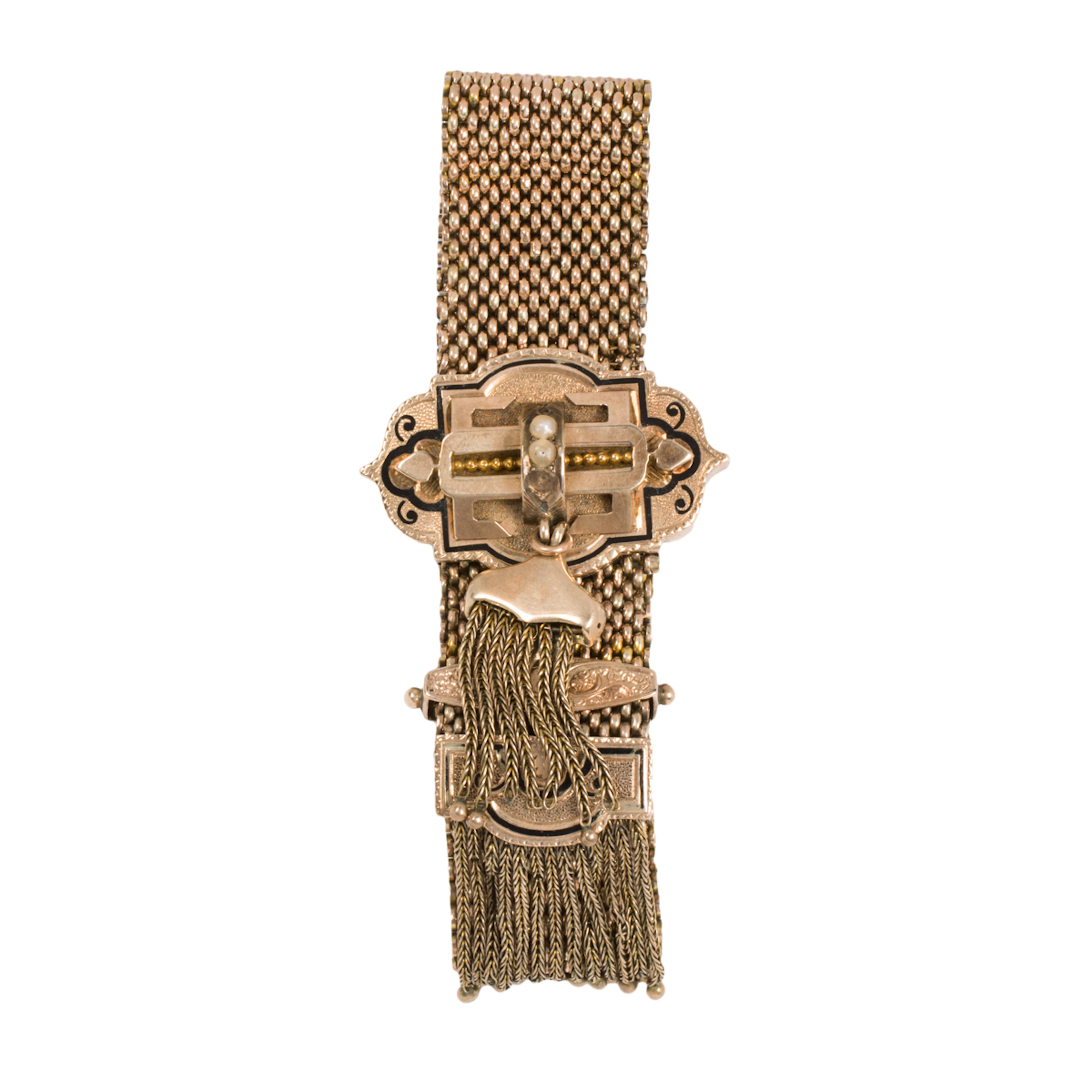 A Victorian enamel, seed pearl, and 10k gold mesh slide bracelet